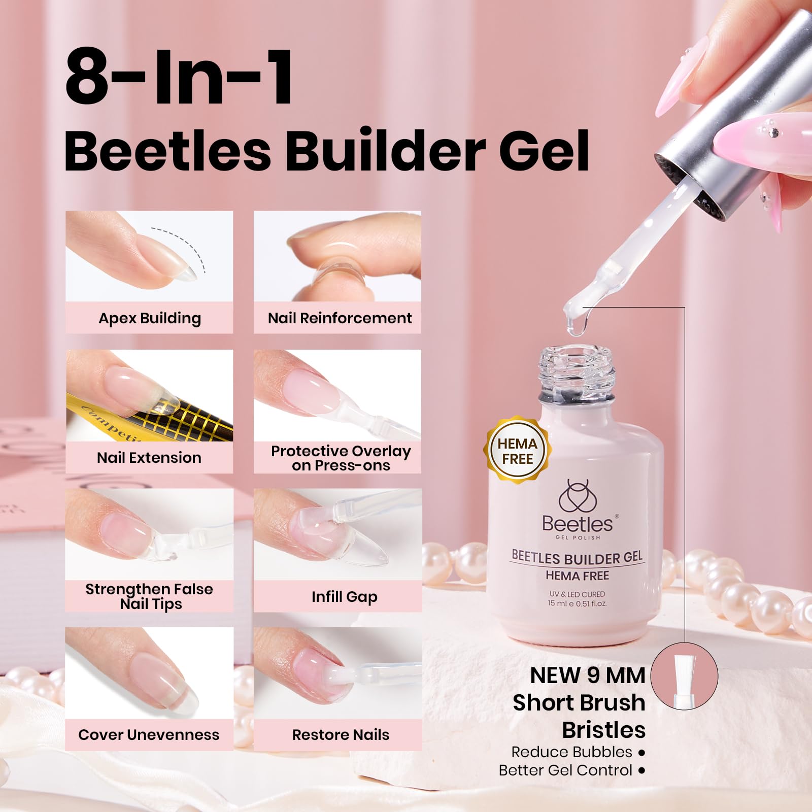 Beetles 3 Pcs Hema-Free 8-In-1  Builder Gel Top Coat With Base Coat Set