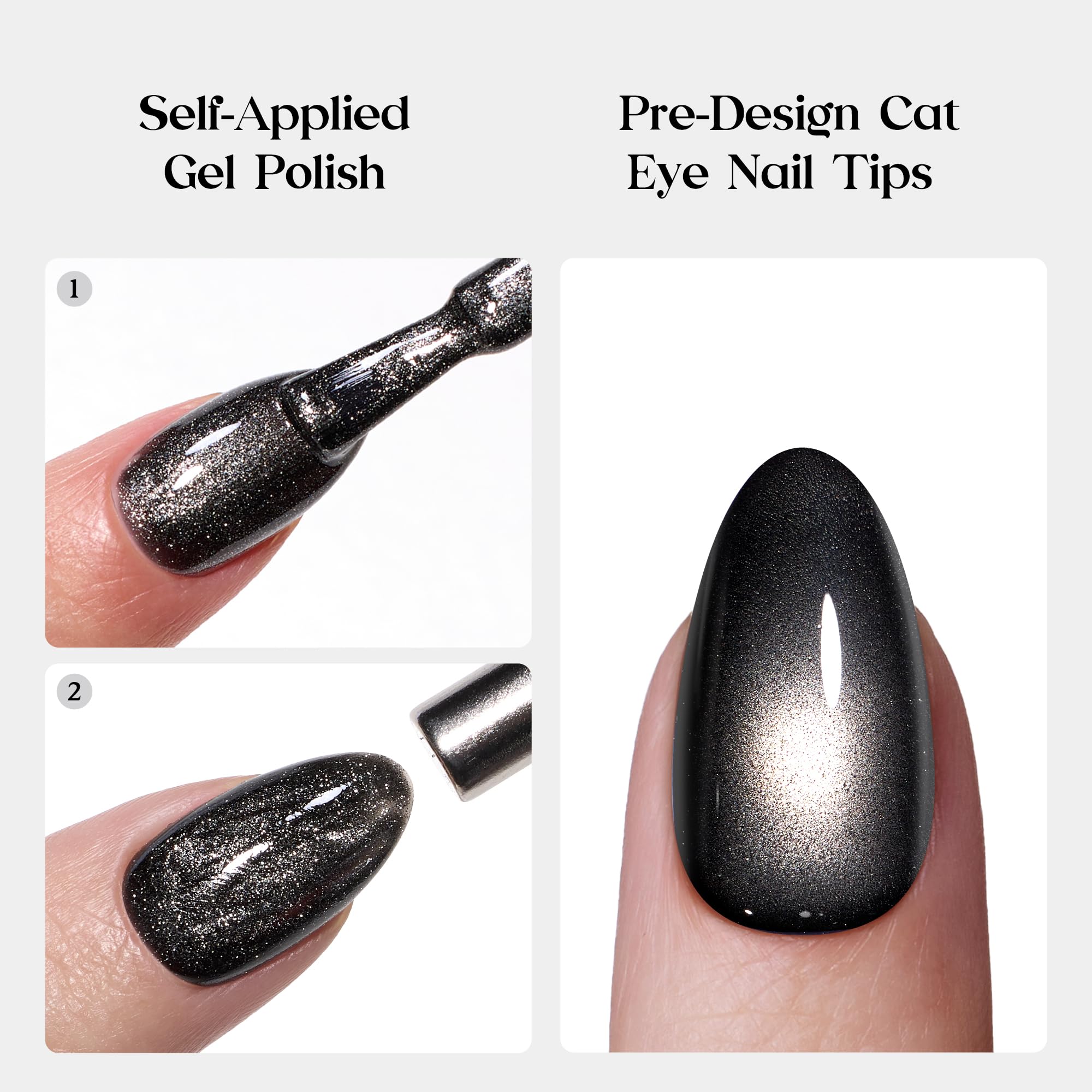 Beetles Pre-designed Cat-Eye tips Black Press On Nails 96 Pcs Matte Short Almond 16 Sizes