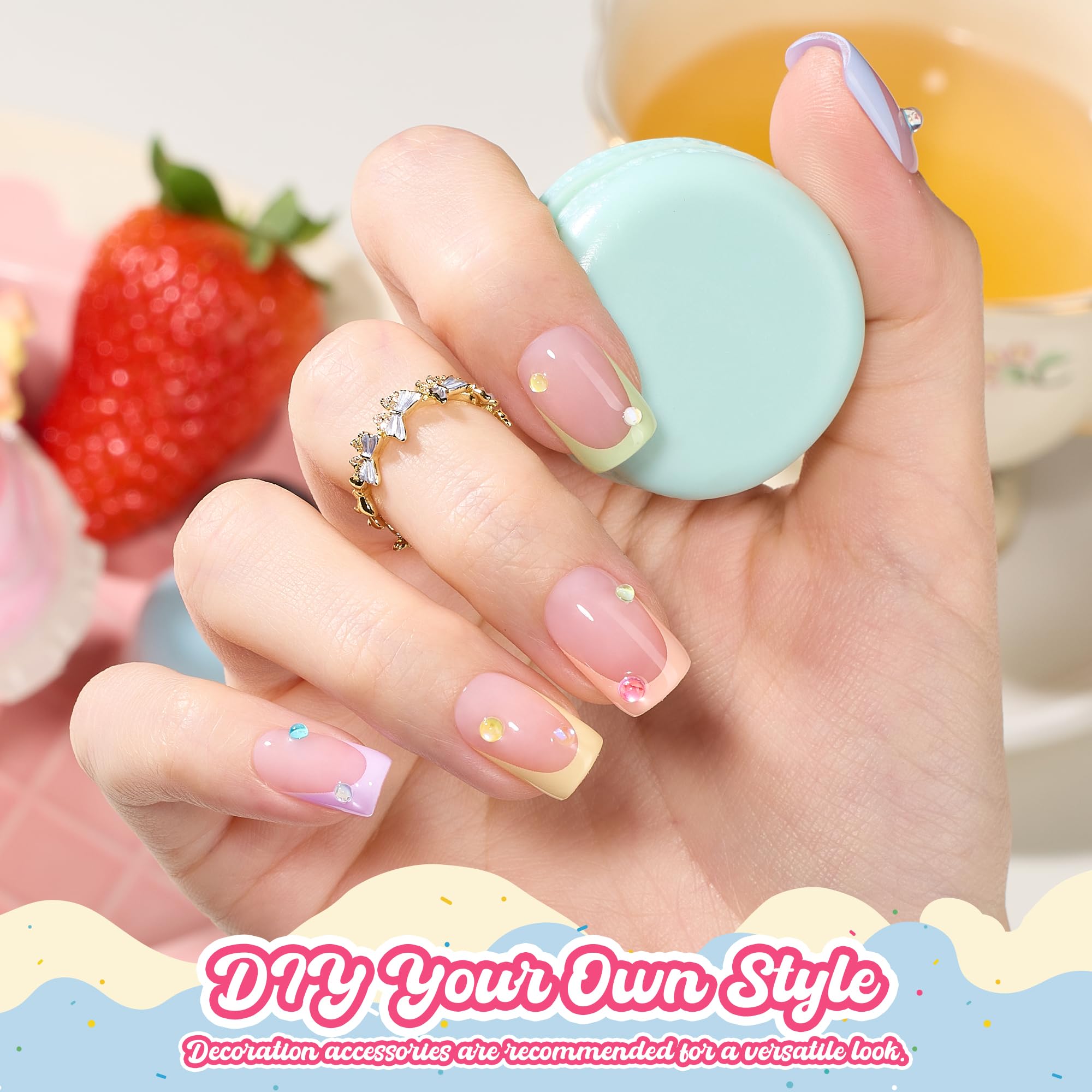 Beetles French Tips Press On Nails, Pastel Spring Nails Short Square 6 Colors 192 Pcs, Spring Fake Nail Tips