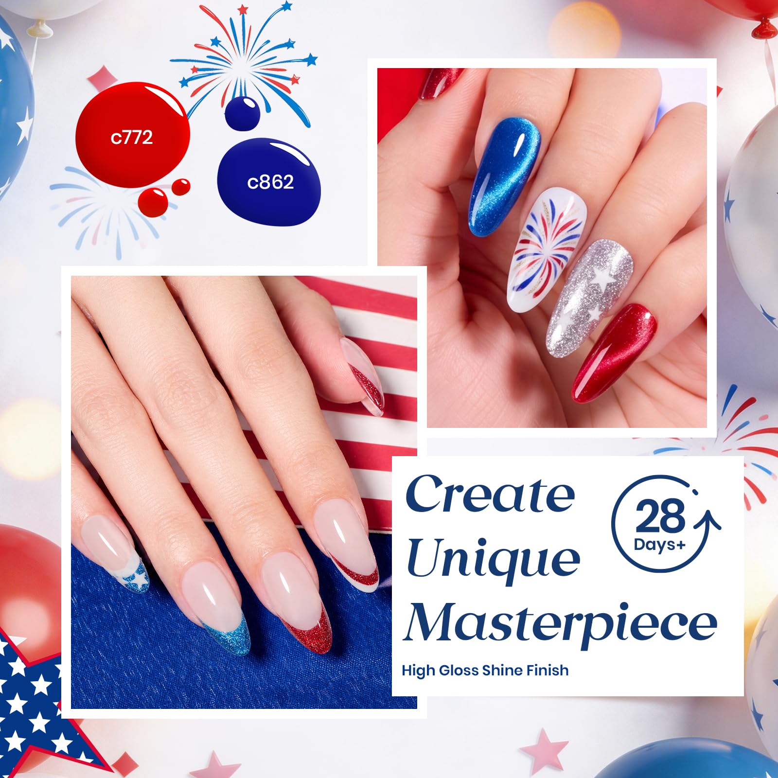 Independence Spark Colors| 6 Colors Cat Eye Gel Polish Set Red White and Glitter Blue