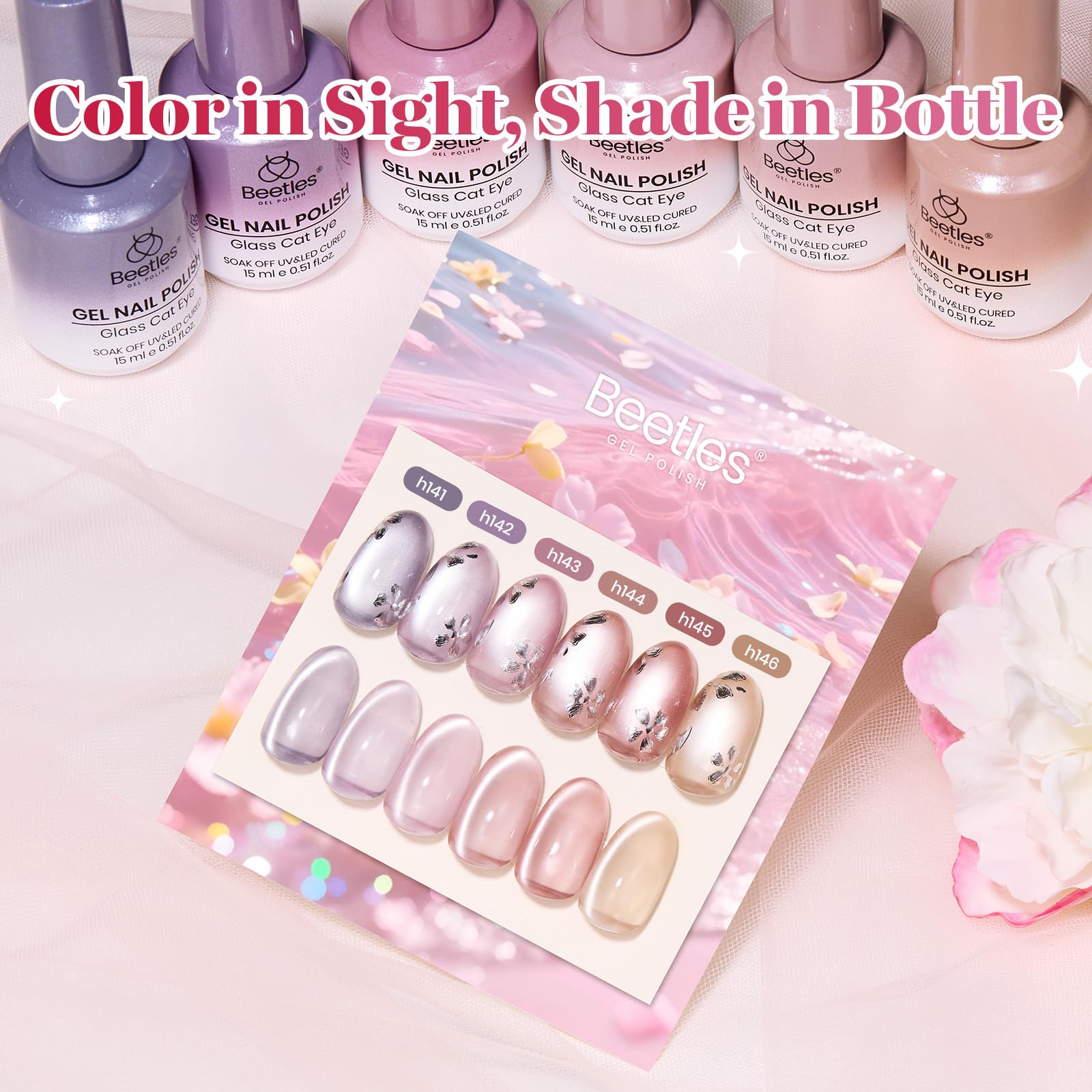 Beetles Gel Nail Polish Silken Moonlight Summer Nails 6 Colors 15ML Gold Purple Pink Nude Cat Eye Glitter Gel Polish Kit
