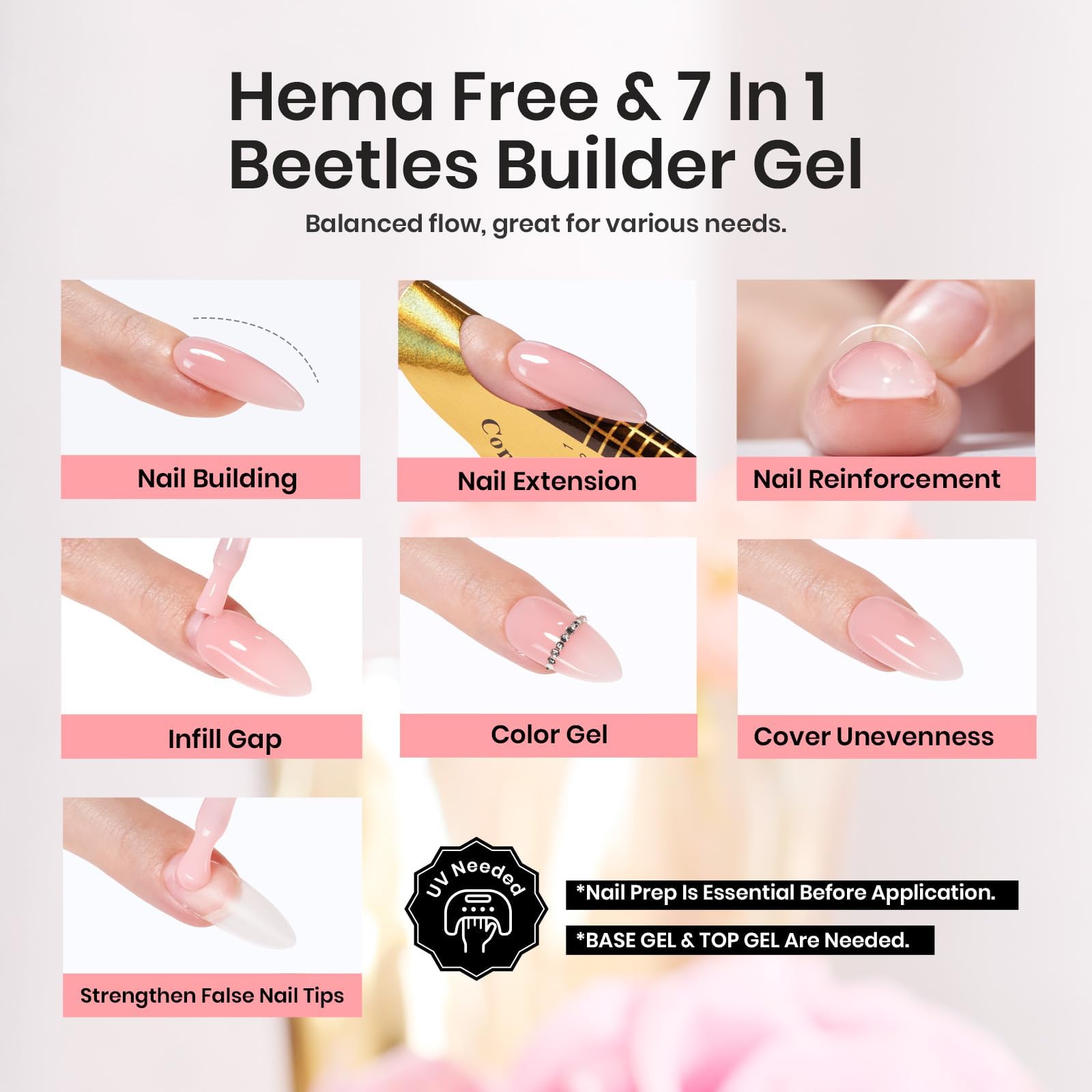 Beetles Builder Gel HEMA Free-Pristine Grace 0.5 oz 8 in 1 Nail Thickening Strengthening Building Apex for Beginner DIY Salon at Home, Jelly Pink Builder Valentines Nail Gel, UV & LED Lamp Cured