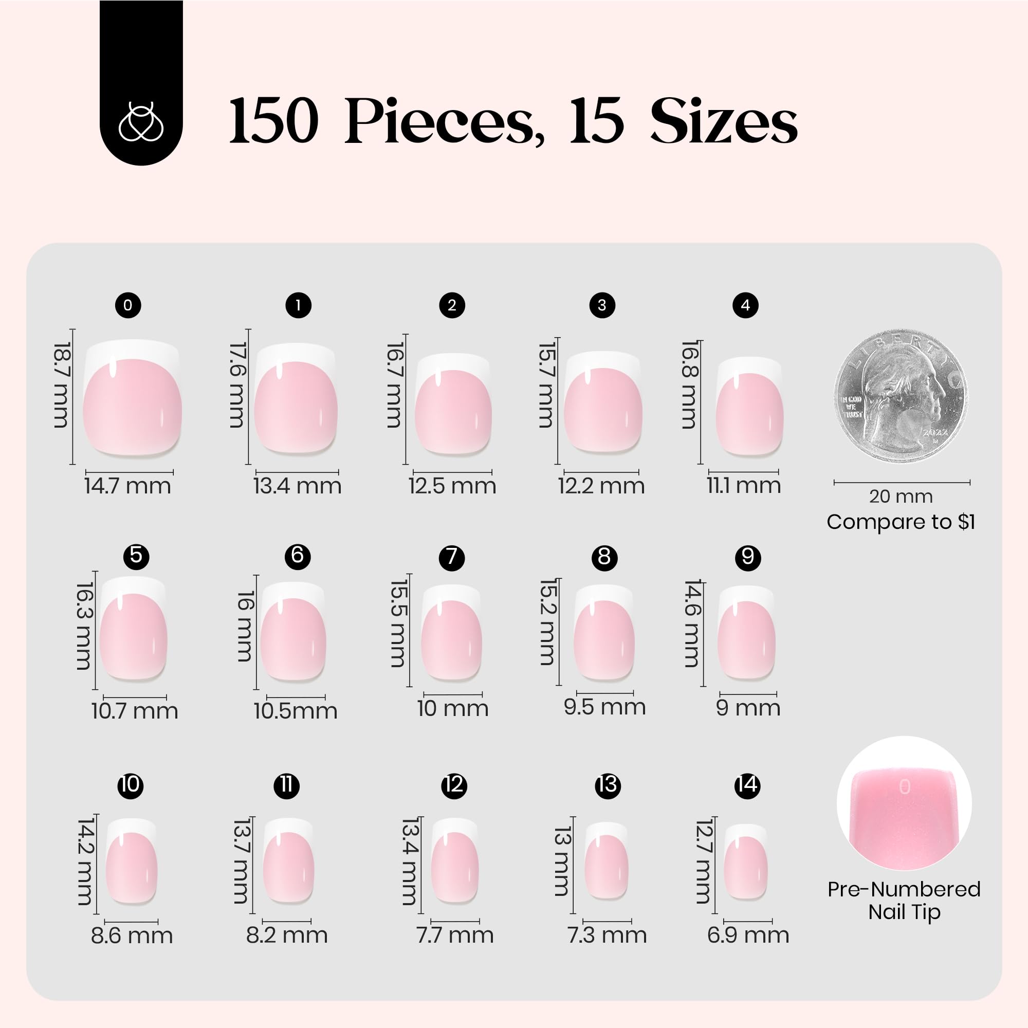 Beetles French Tip Press On Nails: 150 Pcs Pink Short Square Press On Nails 4 in 1 Nail Tips