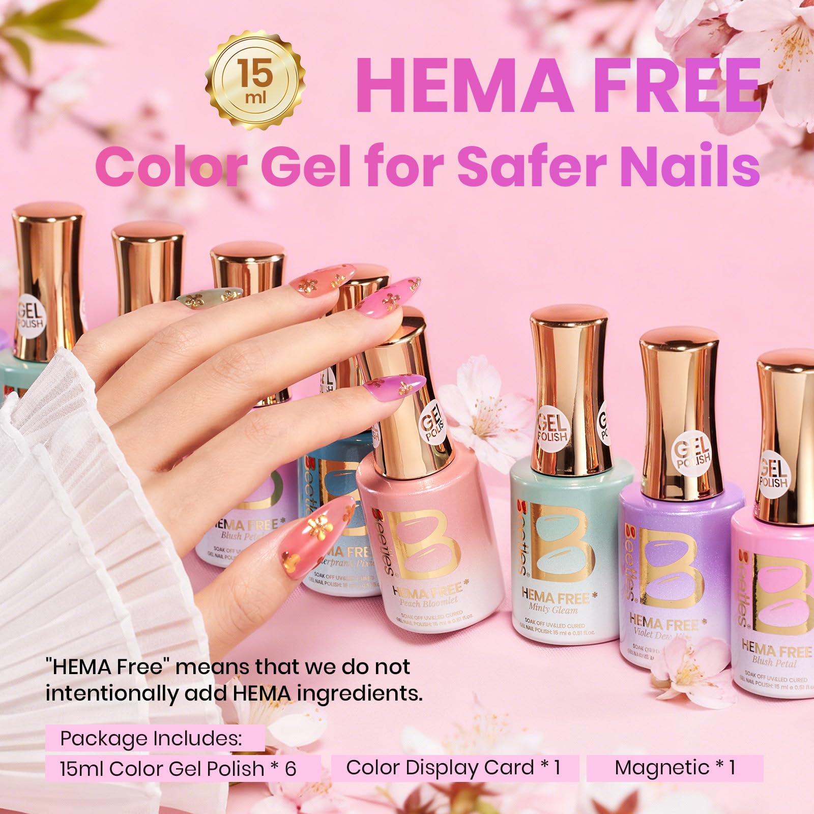 Beetles Petal Charm Cat Eye Gel Nail Polish Set - 6 Colors 15ML Spring Gel Polish Kit Glitter Pink Purple Blue Orange Red Green Magnetic Effect