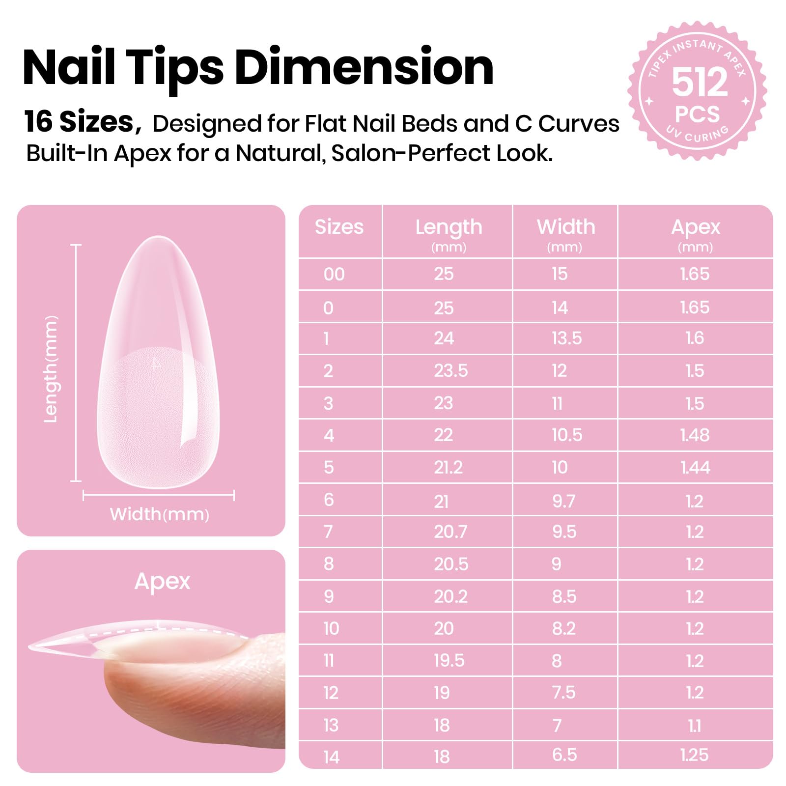 Beetles Tipex Lite Apex Nail Tips - Almond Medium 512pcs 16 Sizes