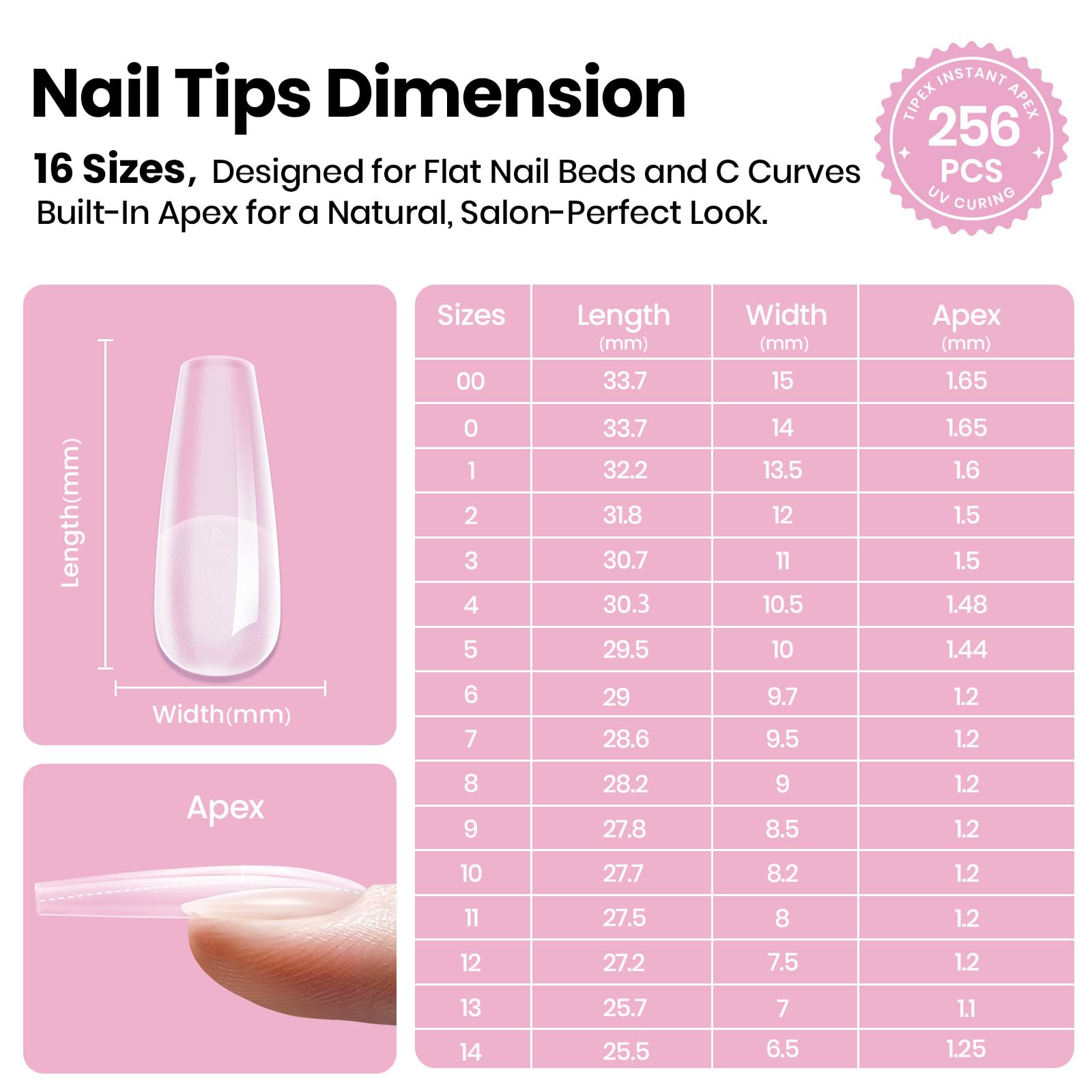 Beetles Tipex Lite Apex Nail Tips - Coffin Long 256pcs 16 Sizes