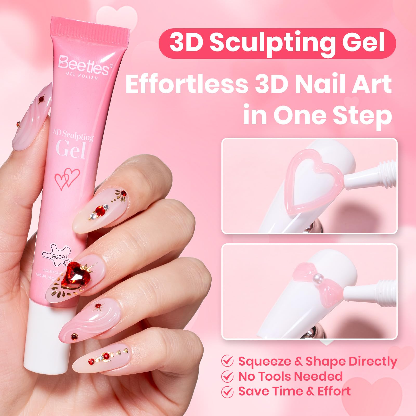 Beetles 3D Gel Nail Art Rhinestones Glue Kit - Valentine Nails Limited Nail Decorations for Nail polish