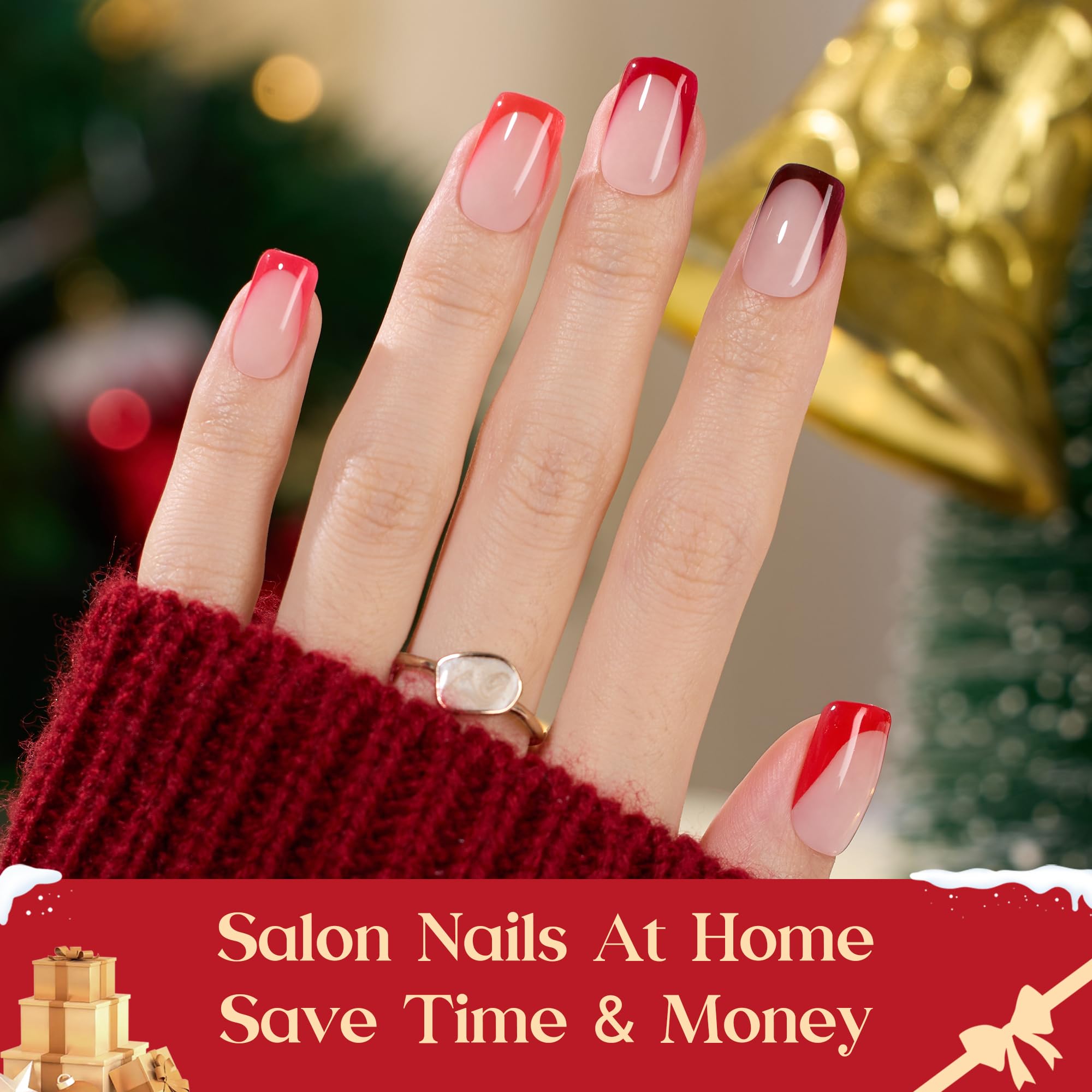 Beetles X Press Plus Red French Tip Nails Crimson French - 5 Colors Christmas Press On Nails Short Square 160Pcs 16 Sizes