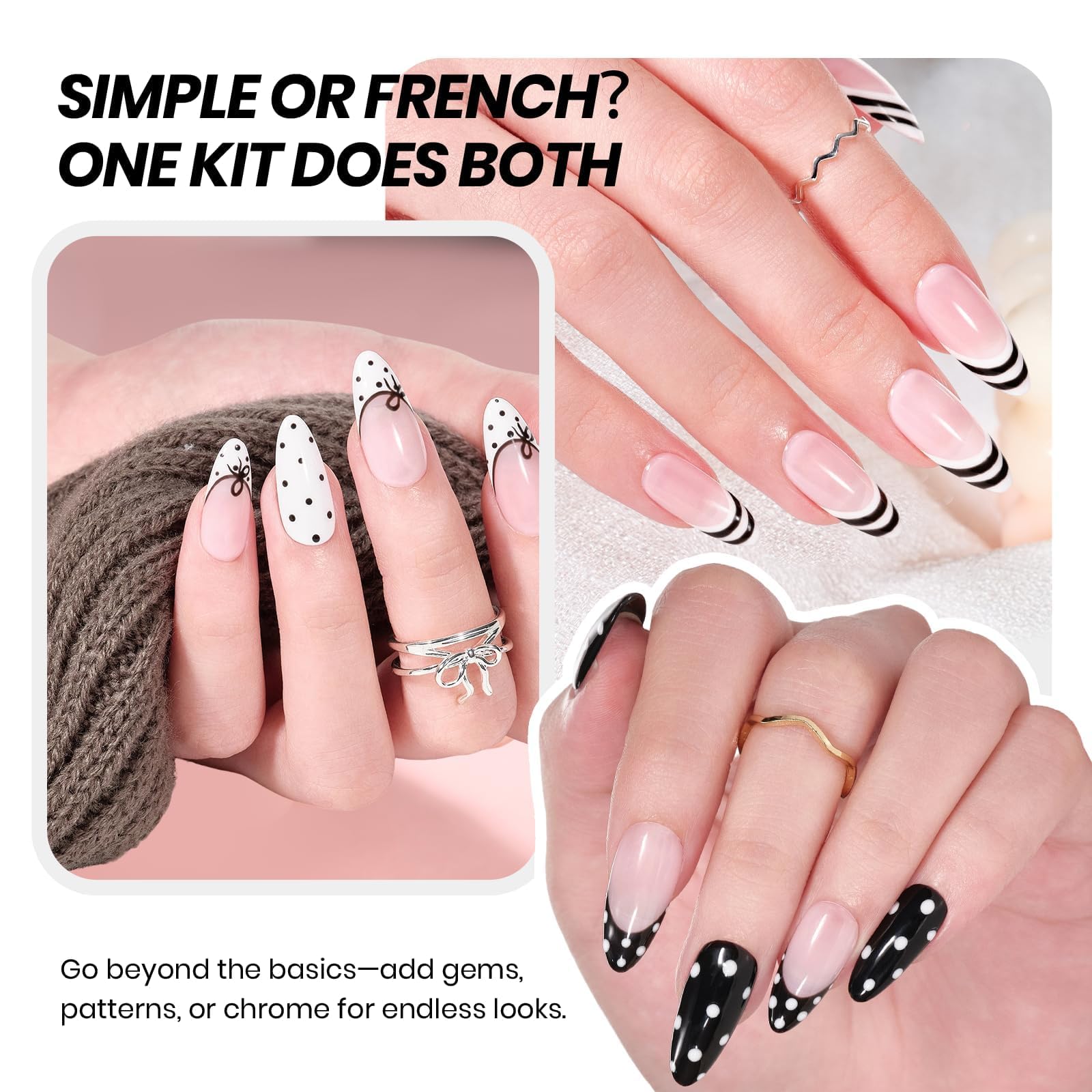 Beetles Black White Gel Polish Kit - Ink Snow Twins Collection, 4pc 10ML French Nail Kit Hema-Free Black and White Colors