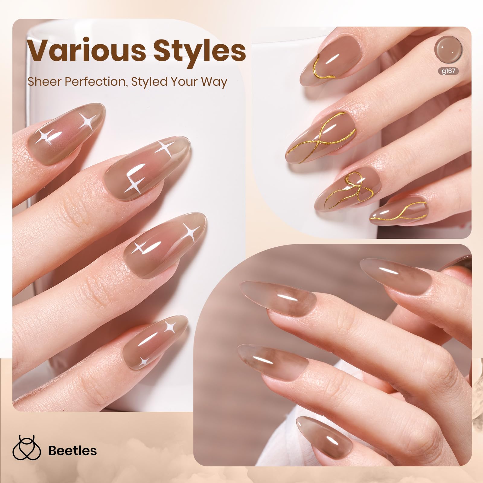 Beetles Brown Jelly Gel Nail Polish  Nails - 15ML Soft Brew Natural Nude Brown Gel Polish Sheer Fall Gel Polish Nail