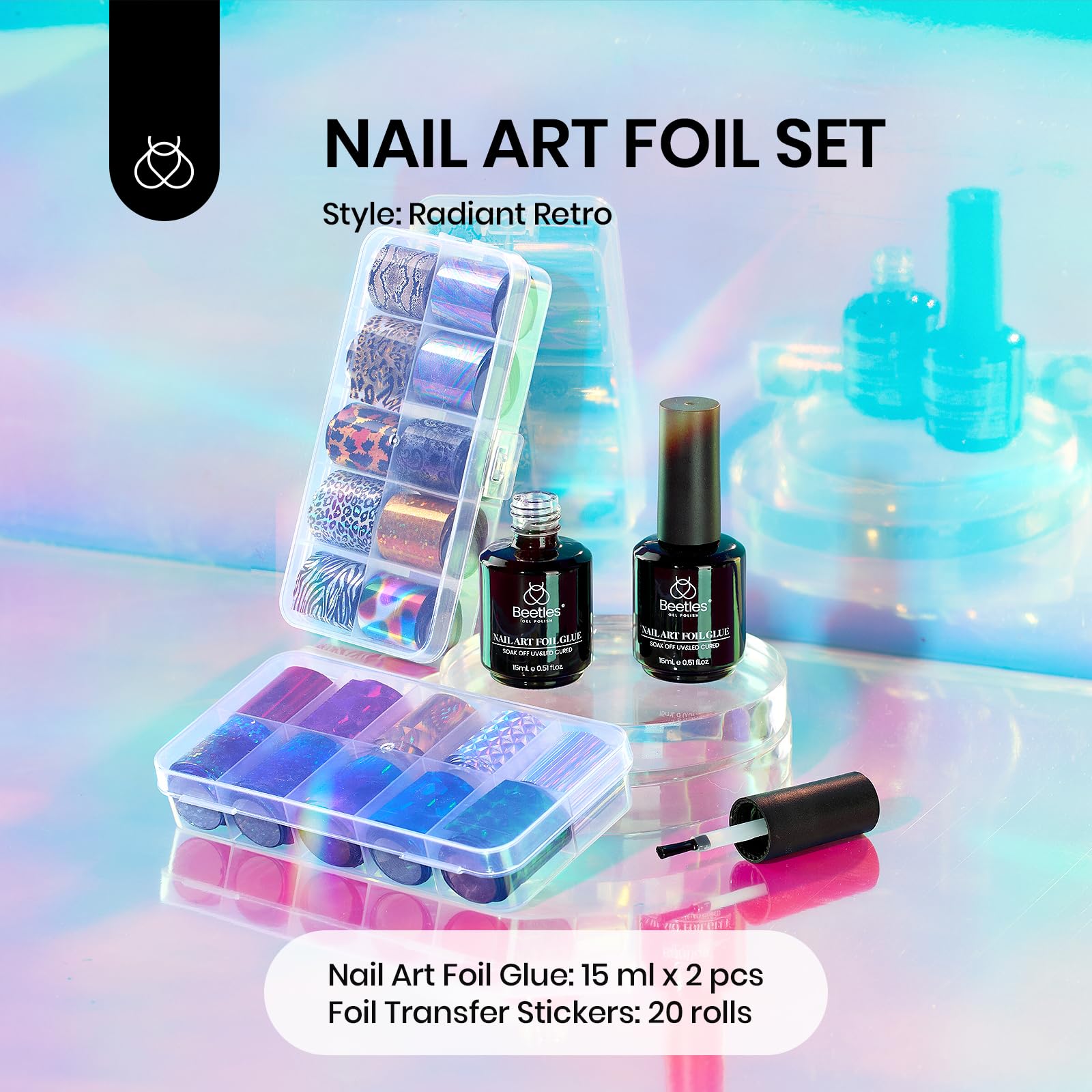 Beetles Nail Foil Art Kit 15ML*2 With 20 Pcs Classic Stickers Nail Transfer Set