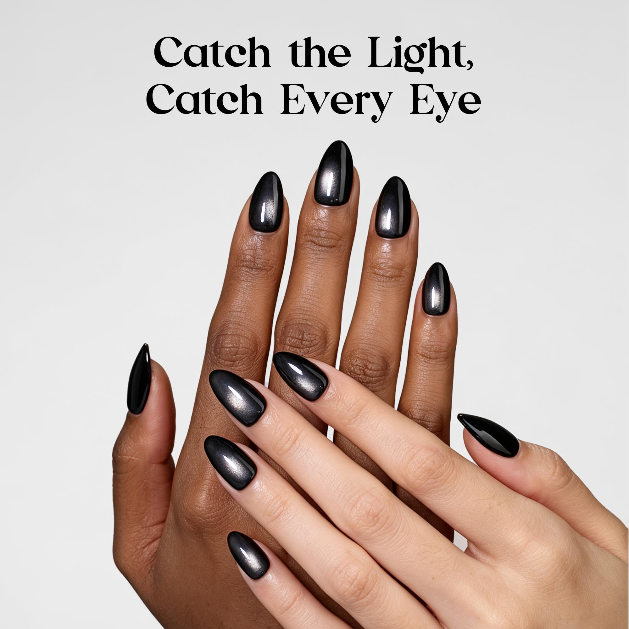 Beetles Pre-designed Cat-Eye tips Black Press On Nails 96 Pcs Matte Short Almond 16 Sizes