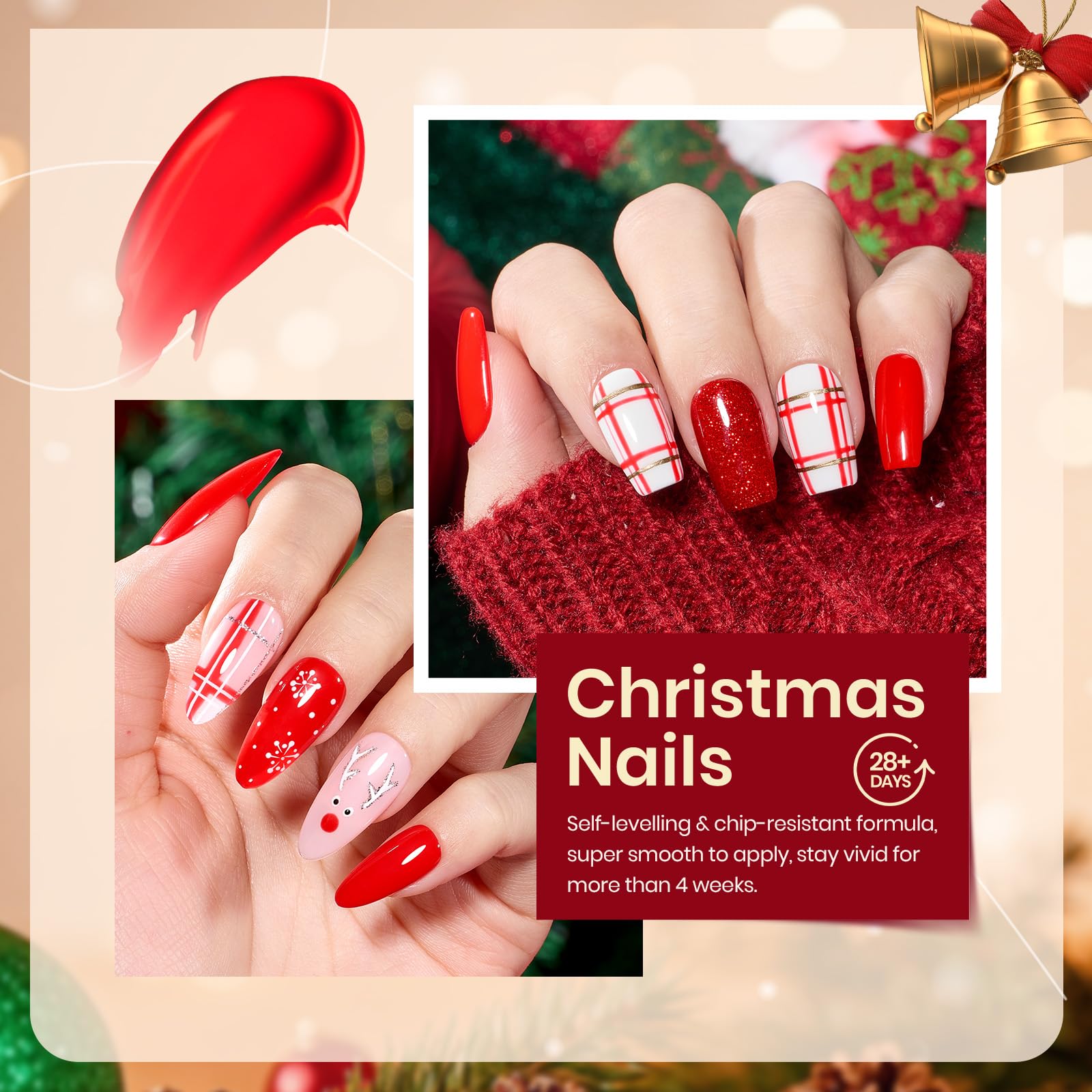 Beetles Christmas Gel Nail Polish Set Candy Cane - 6 Color Burgundy Red Glitter White Silver Winter Snow Holiday Sparkle Manicure Kit