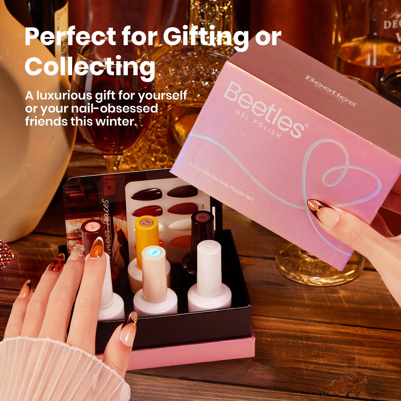 Beetles Gel Nail Polish Amber Traces 5 Colors Set 15ML White Jelly Nude Brown with 1 Bottle Blooming Gel