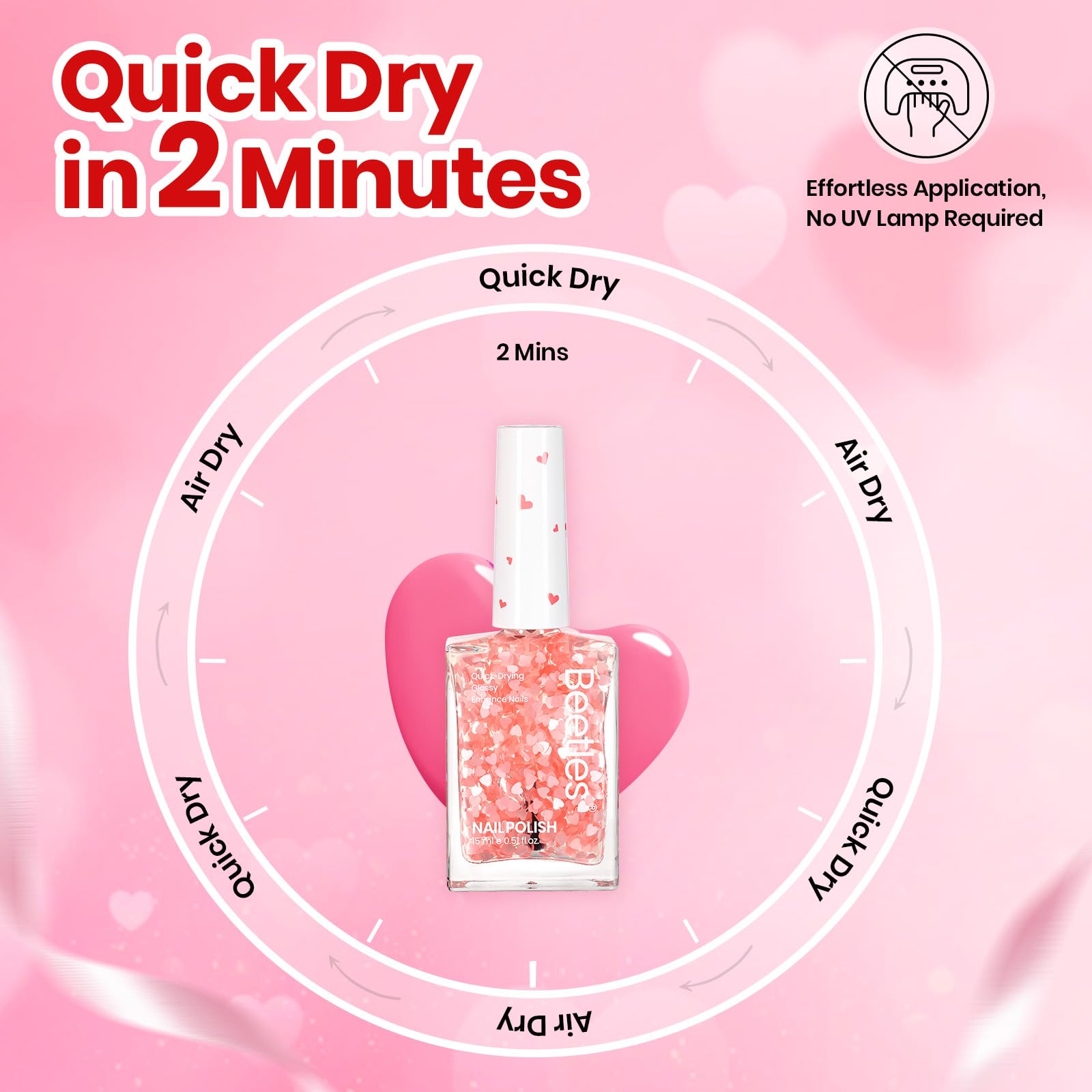 Beetles Valentines Nails Polish - 15ml/0.51Fl Oz Pink Heart Sweetheart Glow Glitter Top Coat