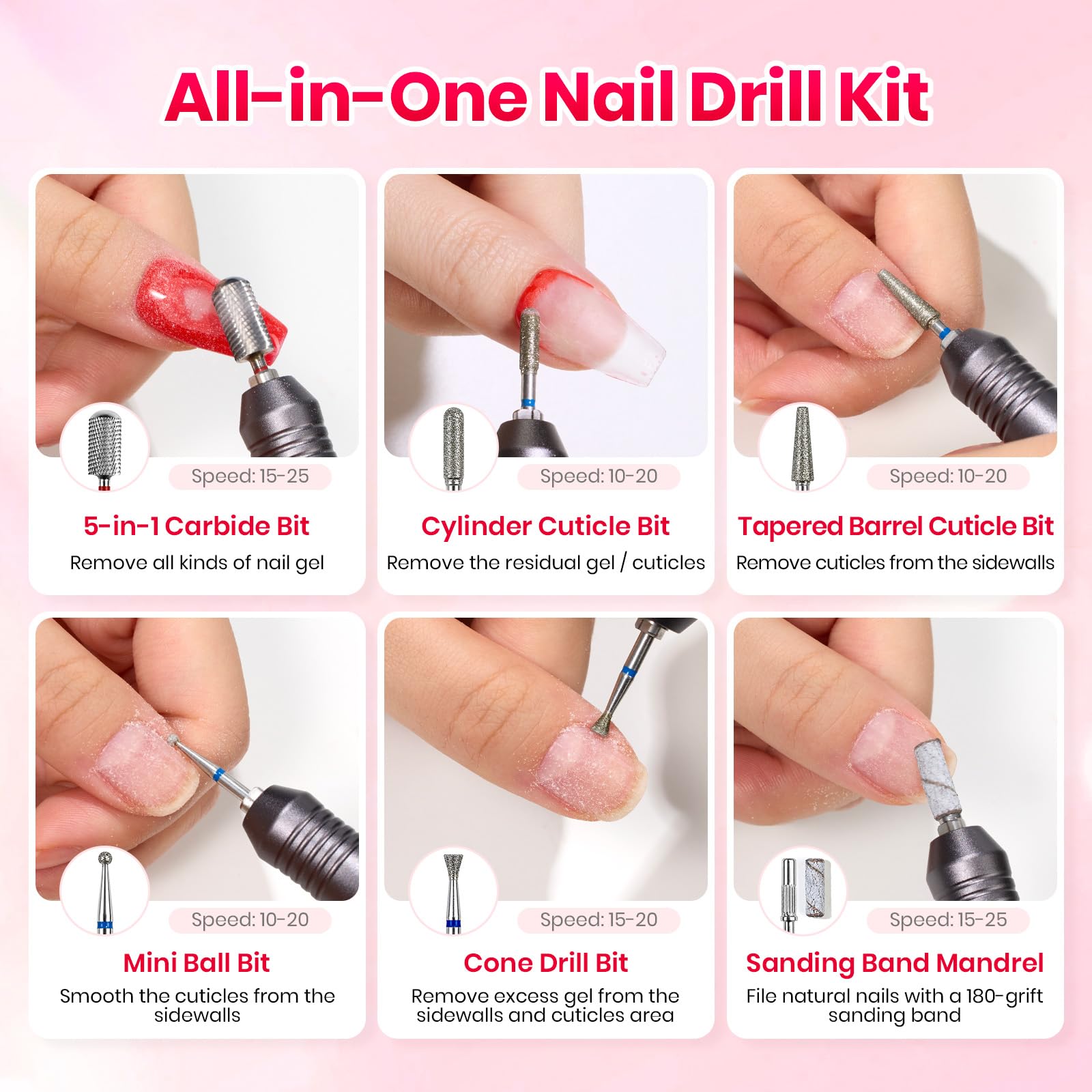 Beetles Electric Cordless Nail Drill Kit 6 Drill Bit 35 Speeds 0-15000 RPM Rechargeable Beginner-Friendly