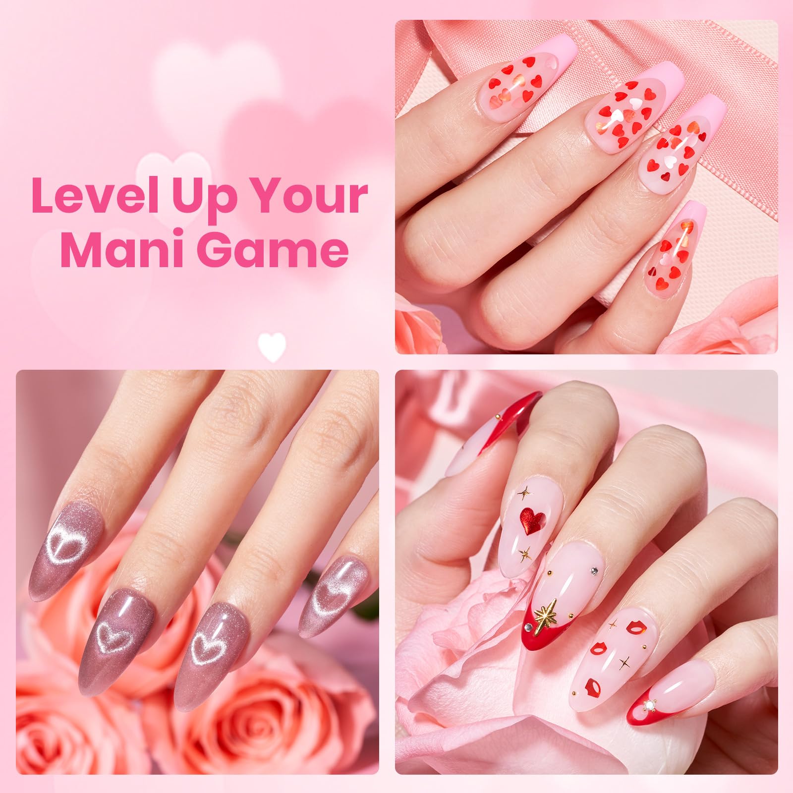 Beetles Valentine Nails Gel Top Coat Set - 6Pcs 10ml Heart Sparkle Cat Eye (Valentine's Limited)