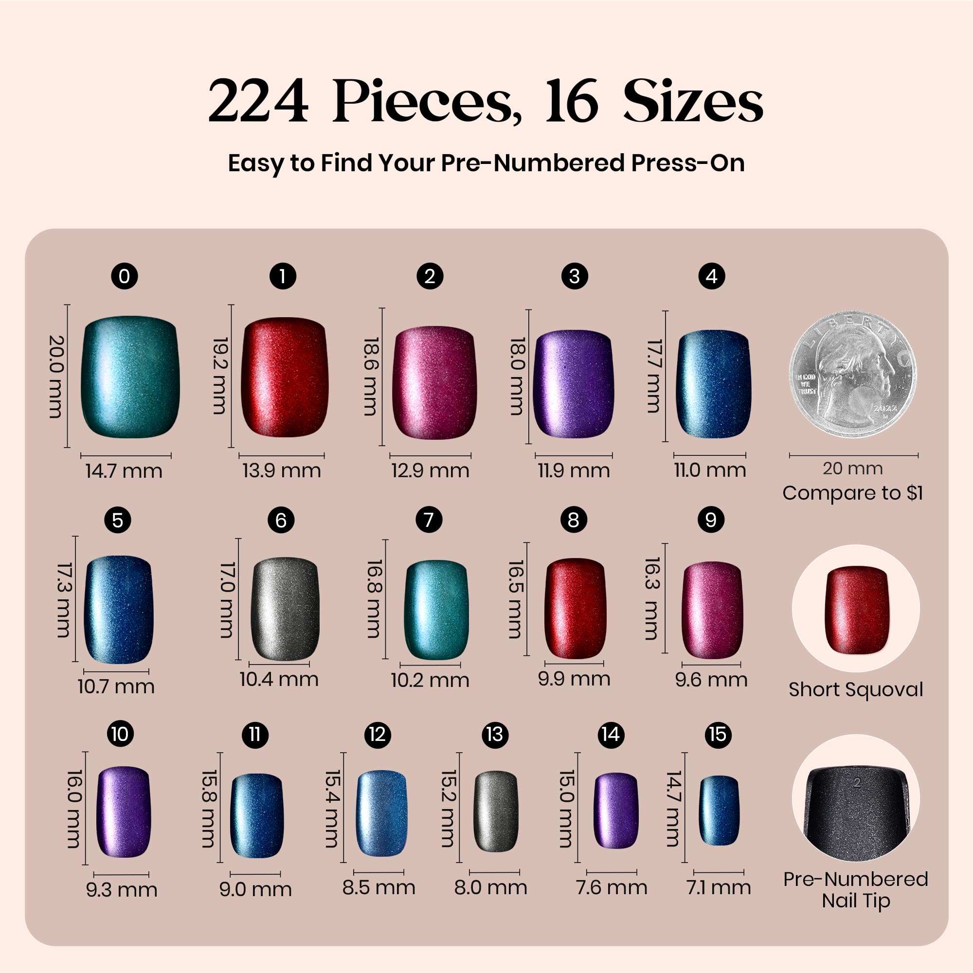Beetles Cat Eye Nails - 16 Sizes 224 Pcs 7 Colors Short Square Press On Nails Natural Salon Quality