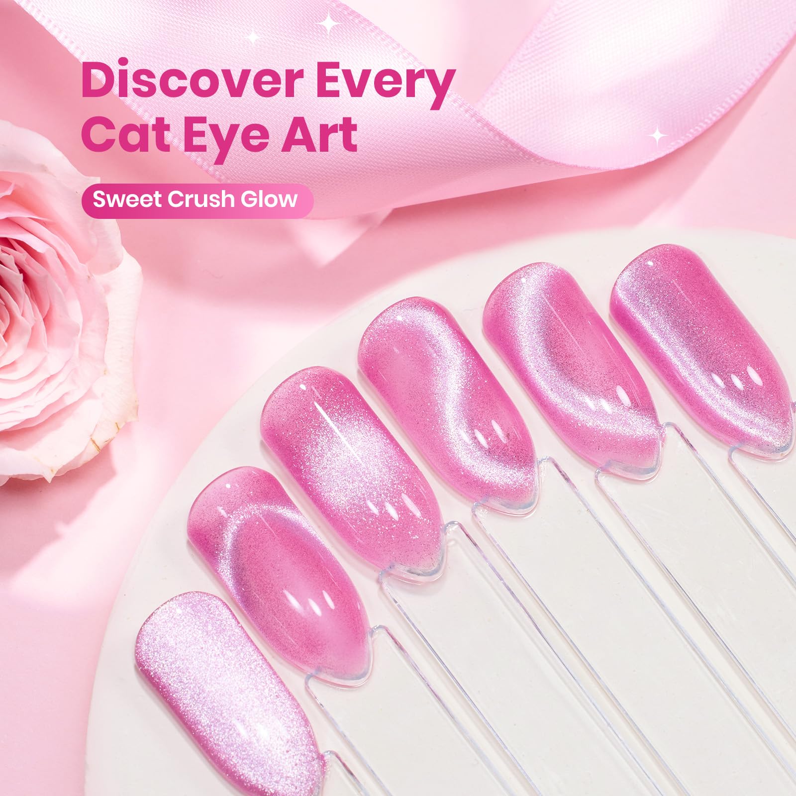 Beetles Sweet Crush Glow Pink Cat Eye Gel Nail Polish - 15ML Valentine Nails Pink Cat Eye Glitter Gel Polish