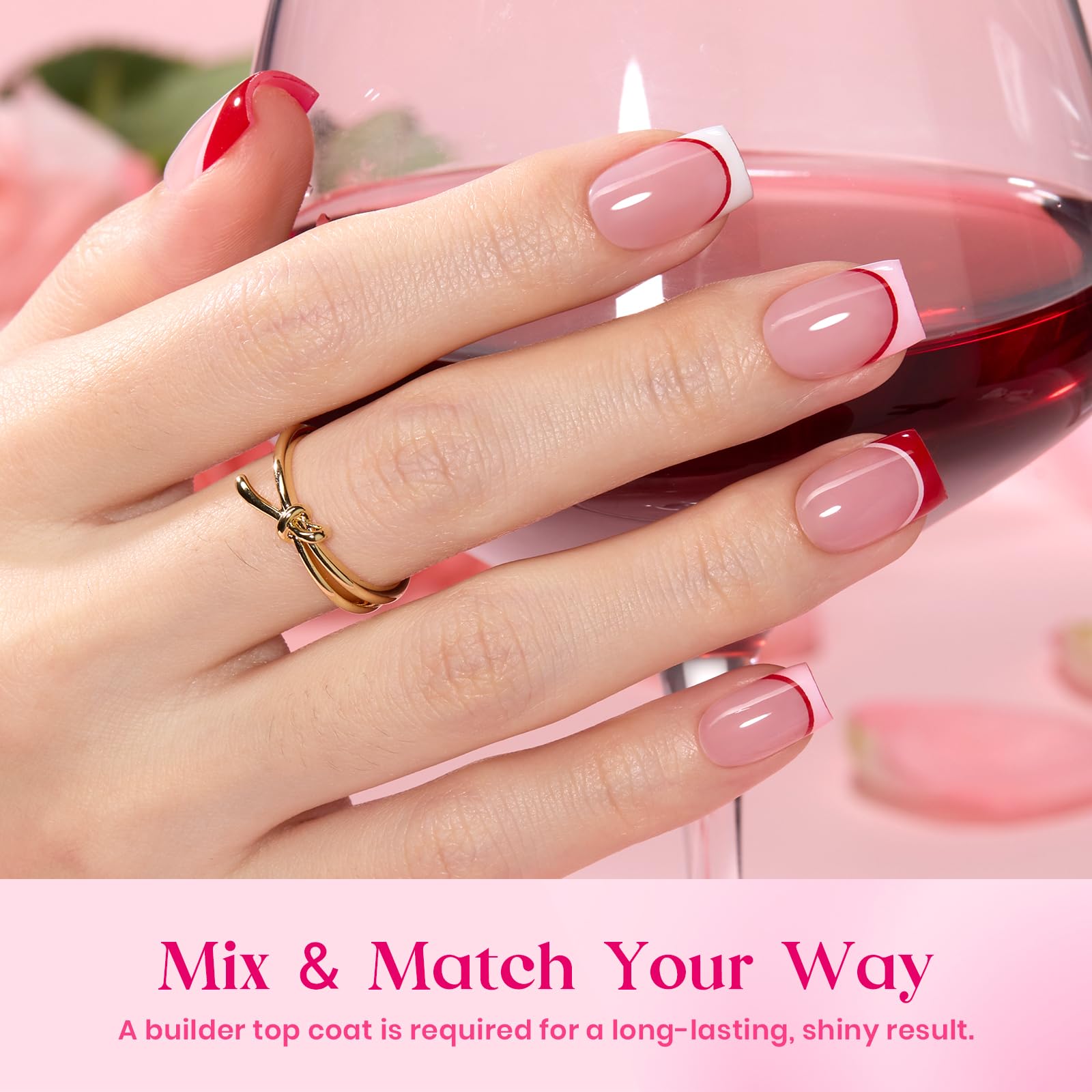 Beetles Valentine Nails Heart Whisper - 15 Sizes 180 Pcs 3 Colors Short Square French Tip Press On Nails