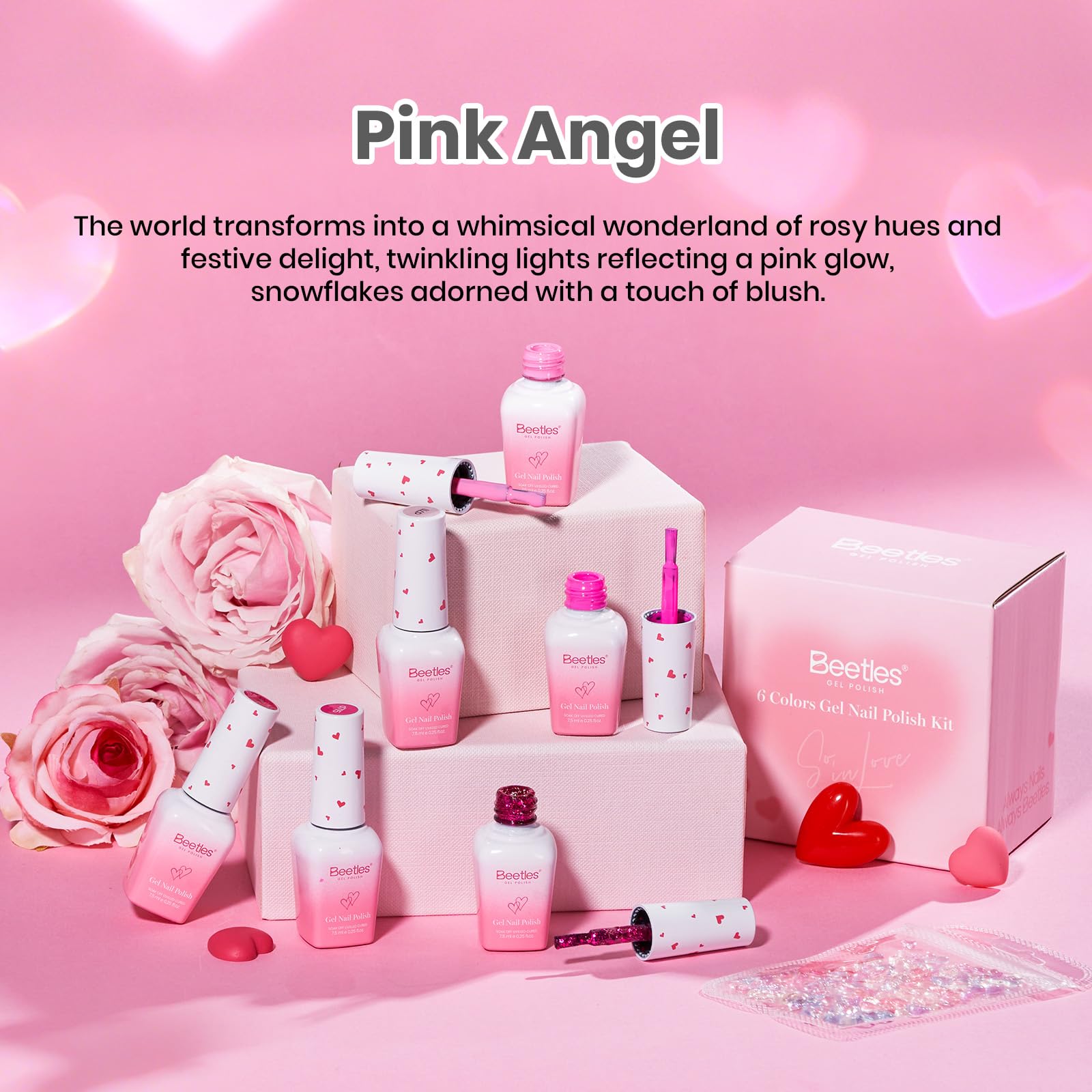 Beetles Valentine Nails Gel Polish Set - Pink Angel 6 Colors Pink Rose Nude Glitter Collection