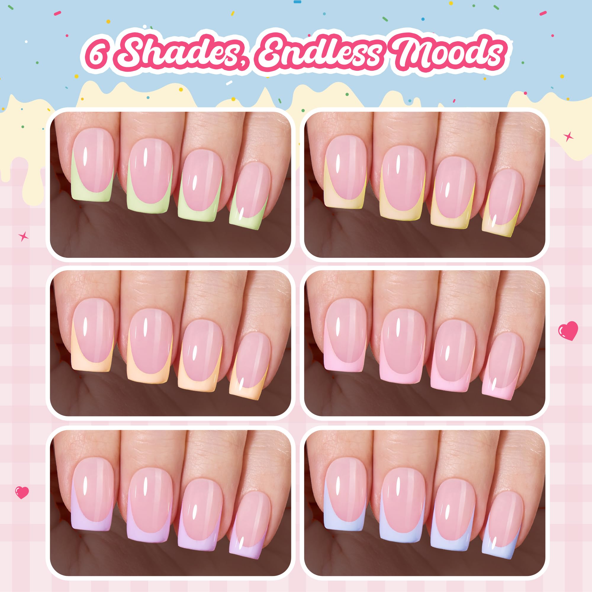 Beetles French Tips Press On Nails, Pastel Spring Nails Short Square 6 Colors 192 Pcs, Spring Fake Nail Tips