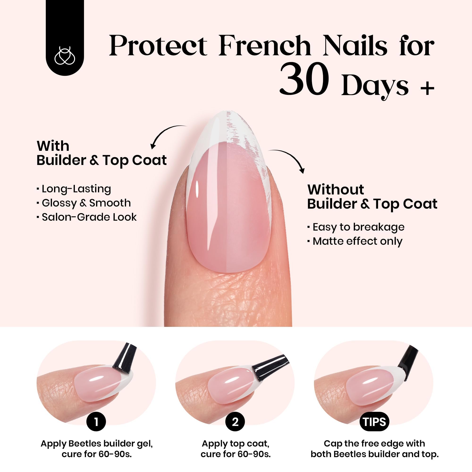 Beetles French Tip Press on Nails Long Square Salon Quality - White French Pink Gel Nail Tips 15 Sizes