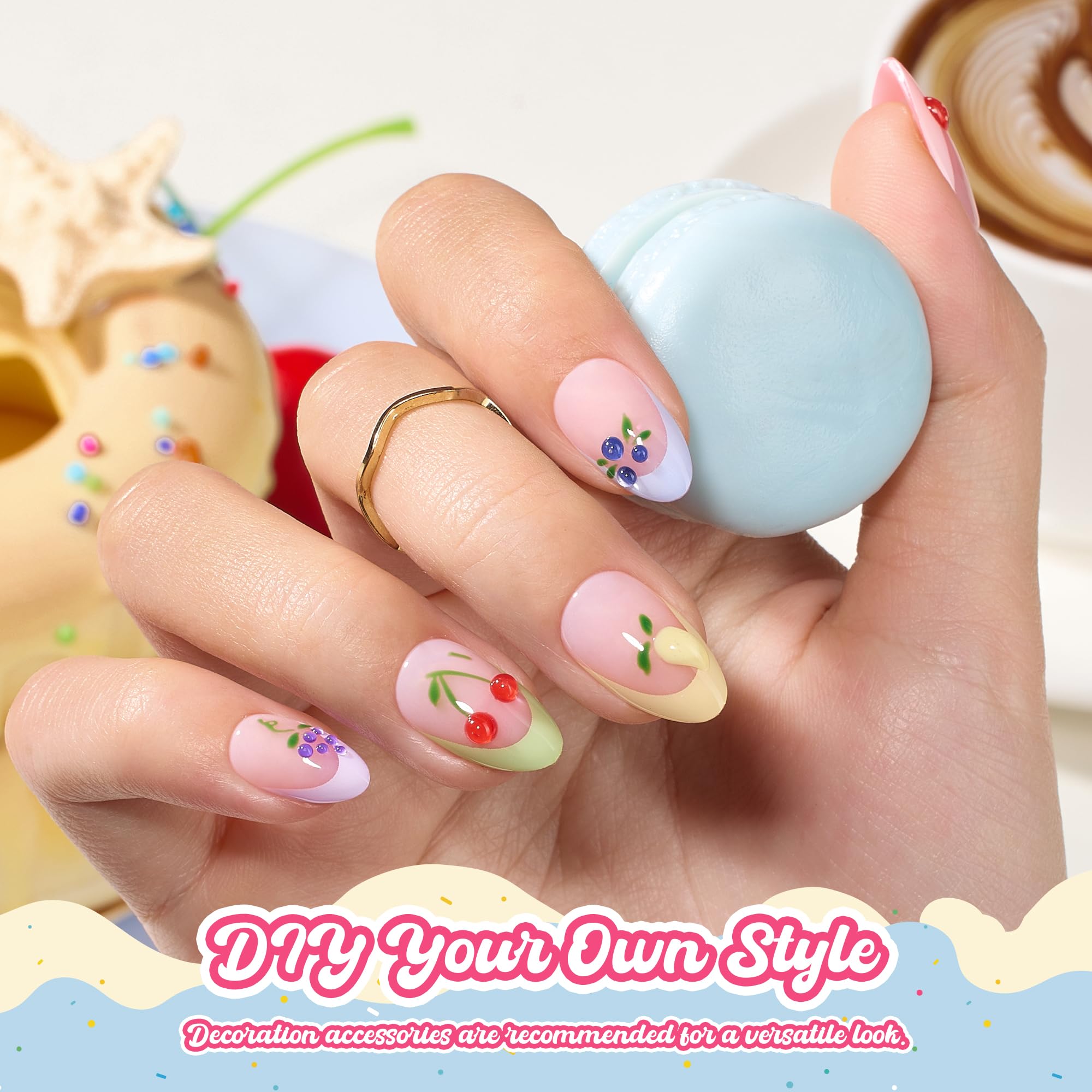 Beetles French Tips Press On Nails, Pastel Spring Nails Short Almond 6 Colors 192 Pcs, Spring Fake Nail Tips