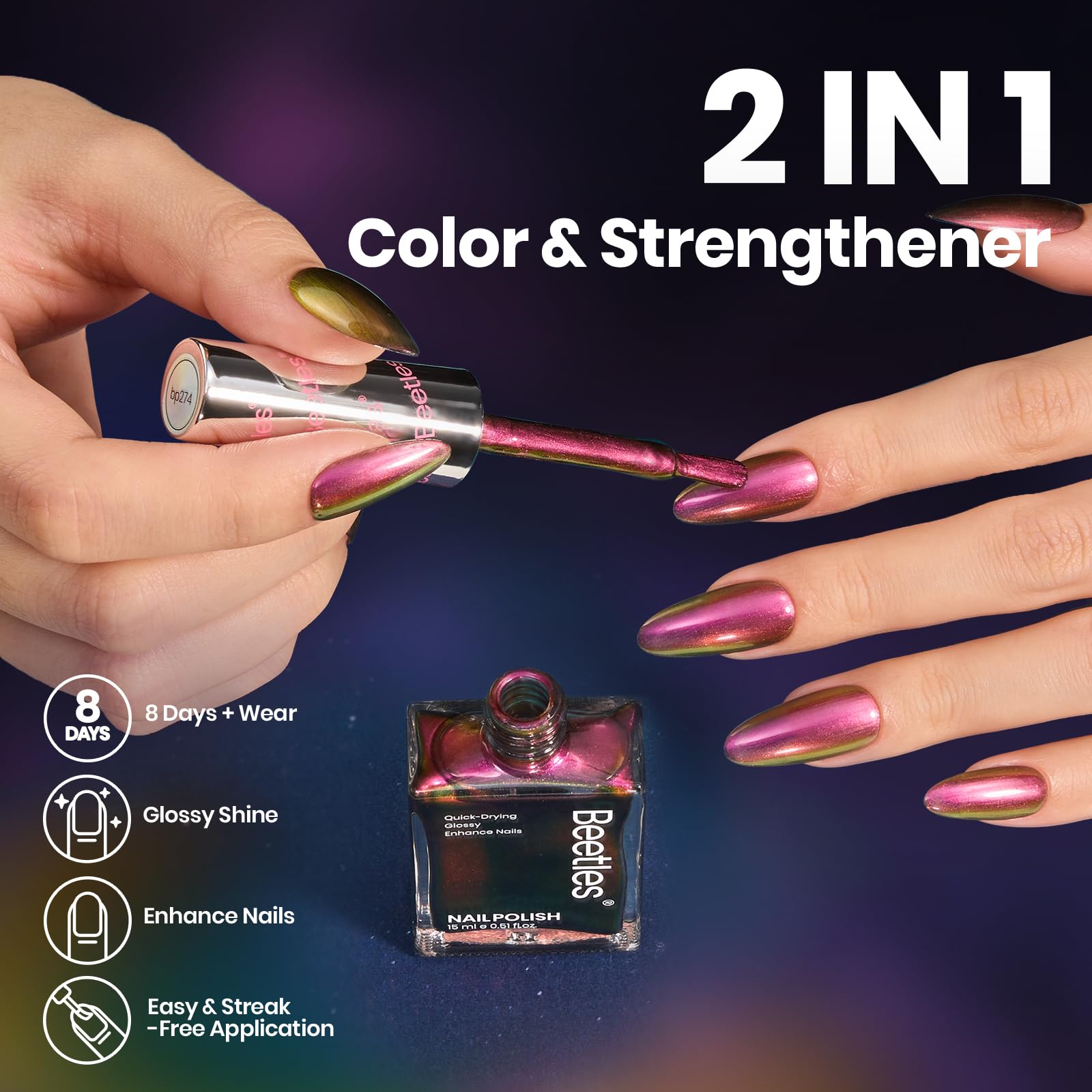 Beetles Chrome Nail Polish - Chameleon Ember Holographic Nail Polish Quick Dry Glitter Red Gold Purple