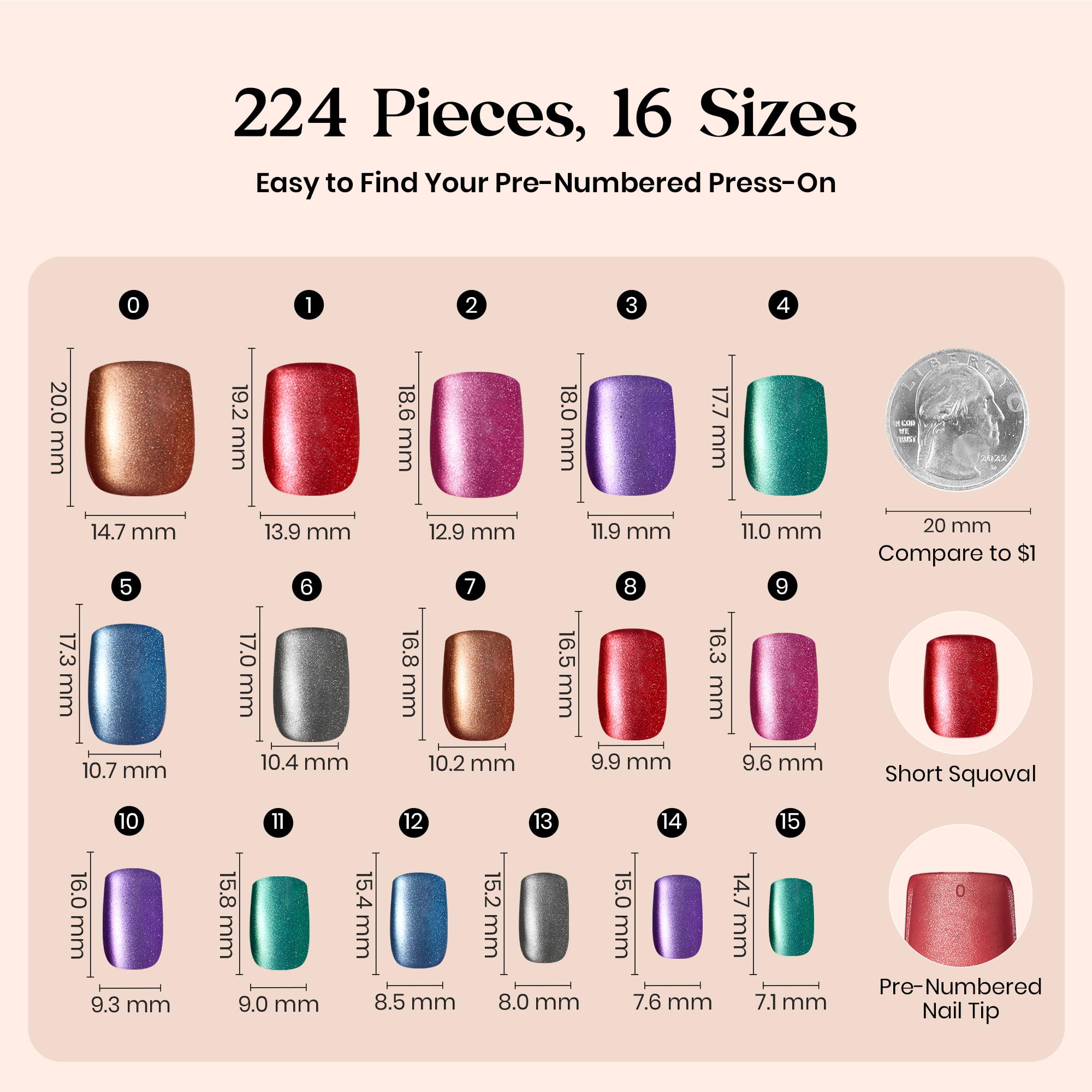 Beetles  Plus Cat Eye Nails Galaxy Aurora - 16 Sizes 224 Pcs 7 Colors Short Square Press On Nails