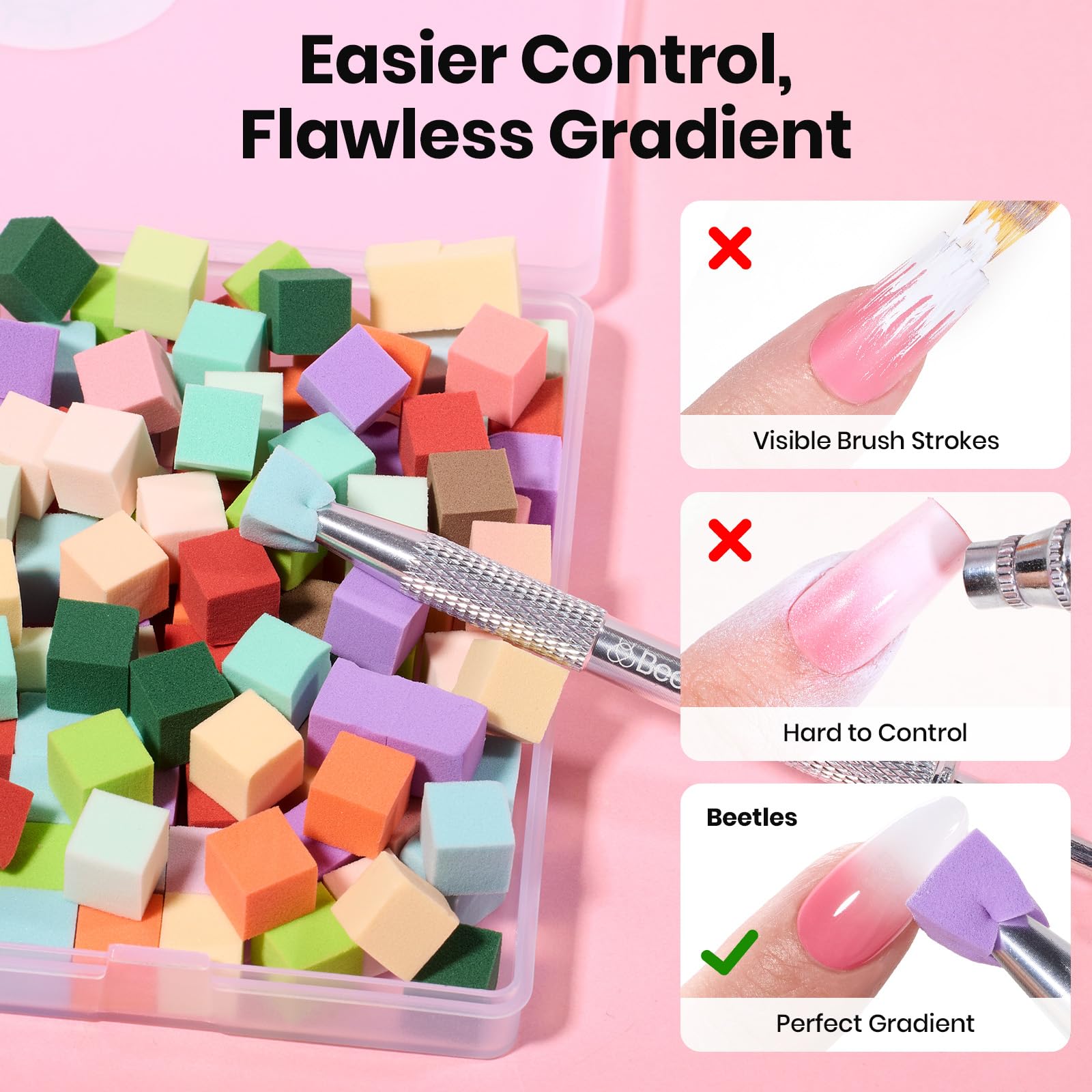 Beetles 150Pcs Soft Nail Sponges for Ombre Colorful Nail Sponge with Grabbing Pen - White Pat Painting Gel Polish Kit