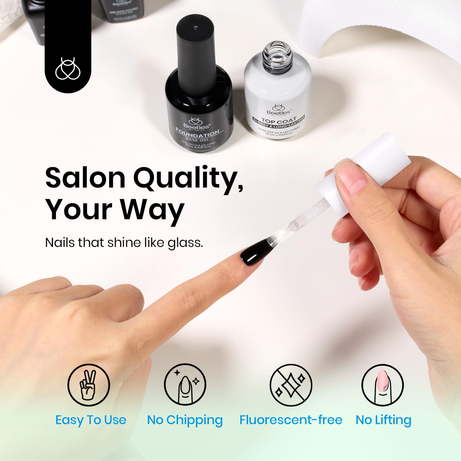 Beetles 2Pcs 15ml Gel Base and Top Coat Set - Upgrade No Wipe Extra Glossy Top Coat Finish for Gel Nail Polish