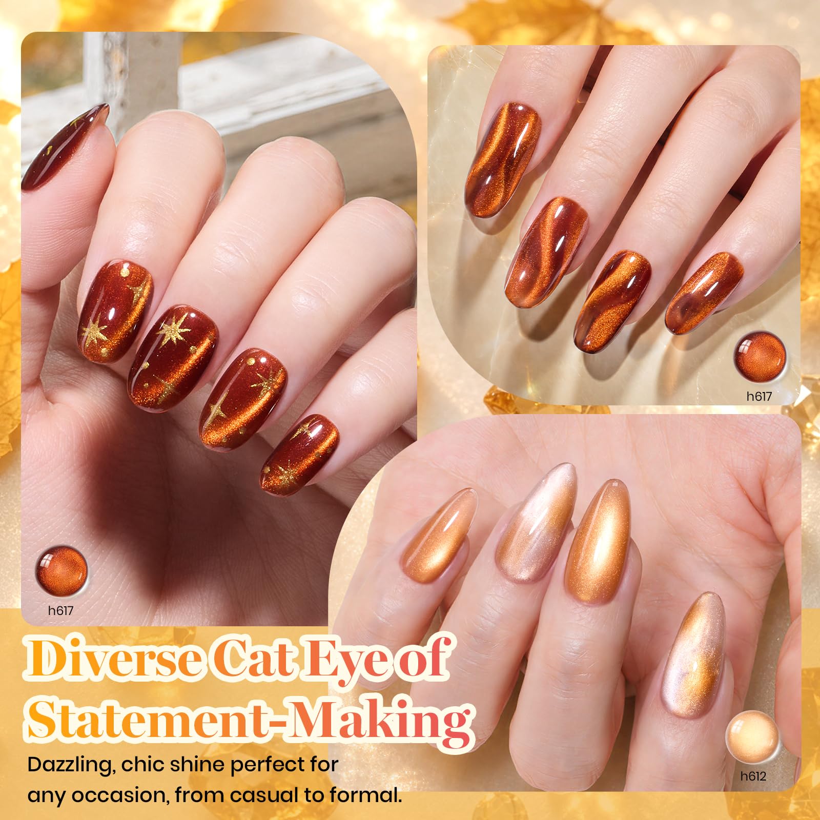 Beetles Gilded Leaves Amber Brown Gold Cat Eye 6 Colors Gel Nail Polish Set Fall Nails