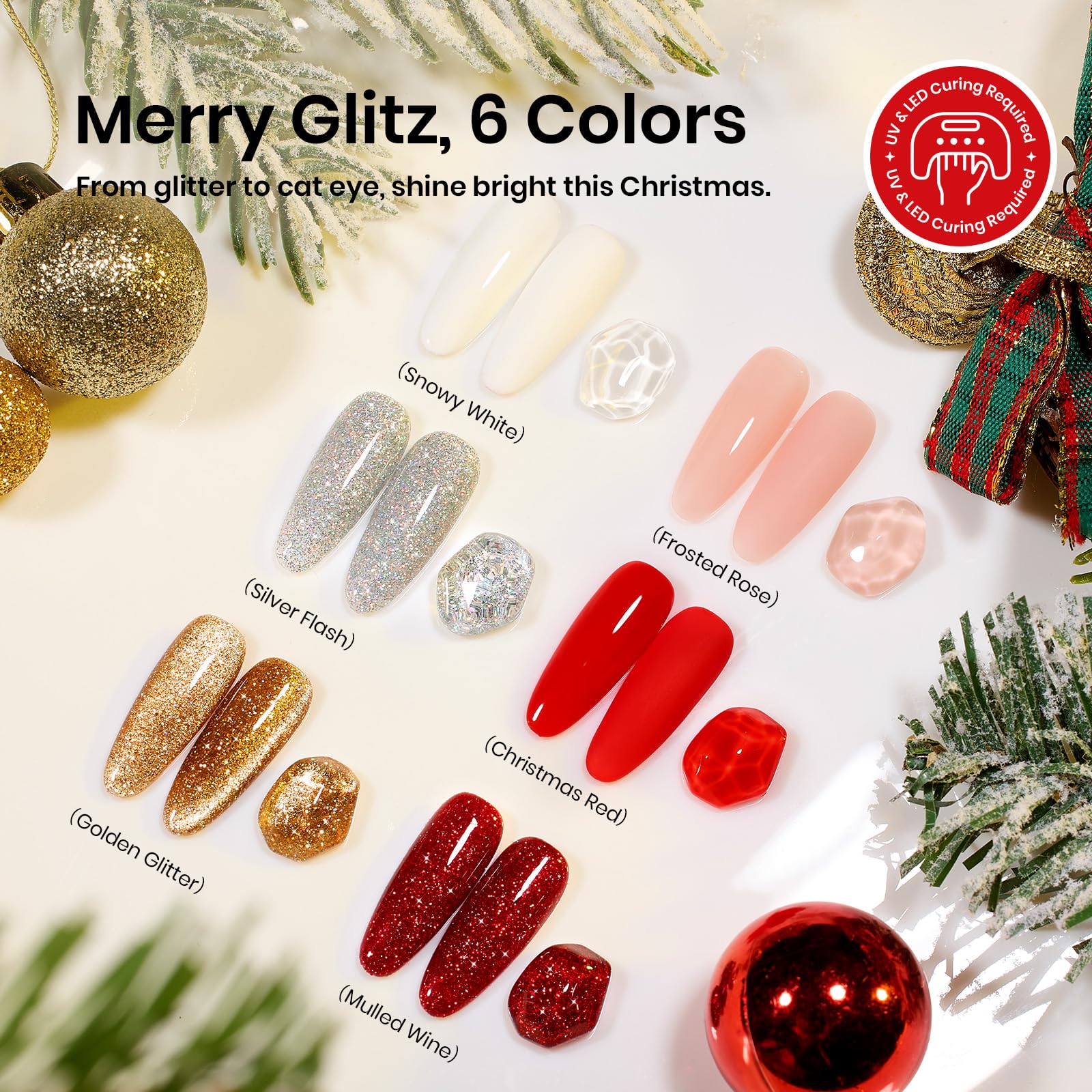 Beetles 27Pcs Christmas Gel Nail Kit Gifts - 6 Colors Red Gold Cat Eye Glitter Merry Glitz Gel Nail Polish Kit