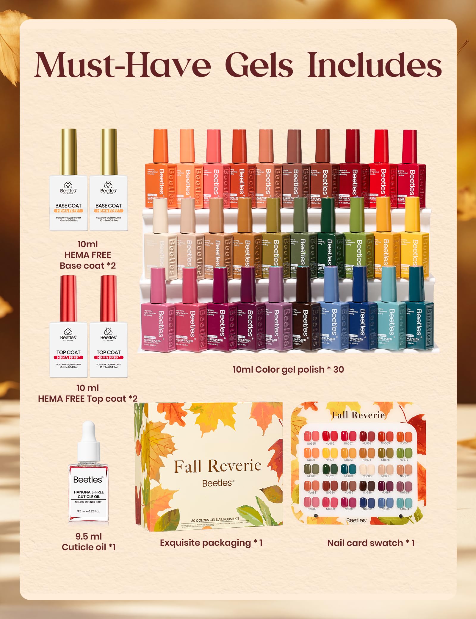 Beetles Retro Reverie Gel Nail Polish Set Hema-Free 30 Colors Autumn Burgundy Orange Colors