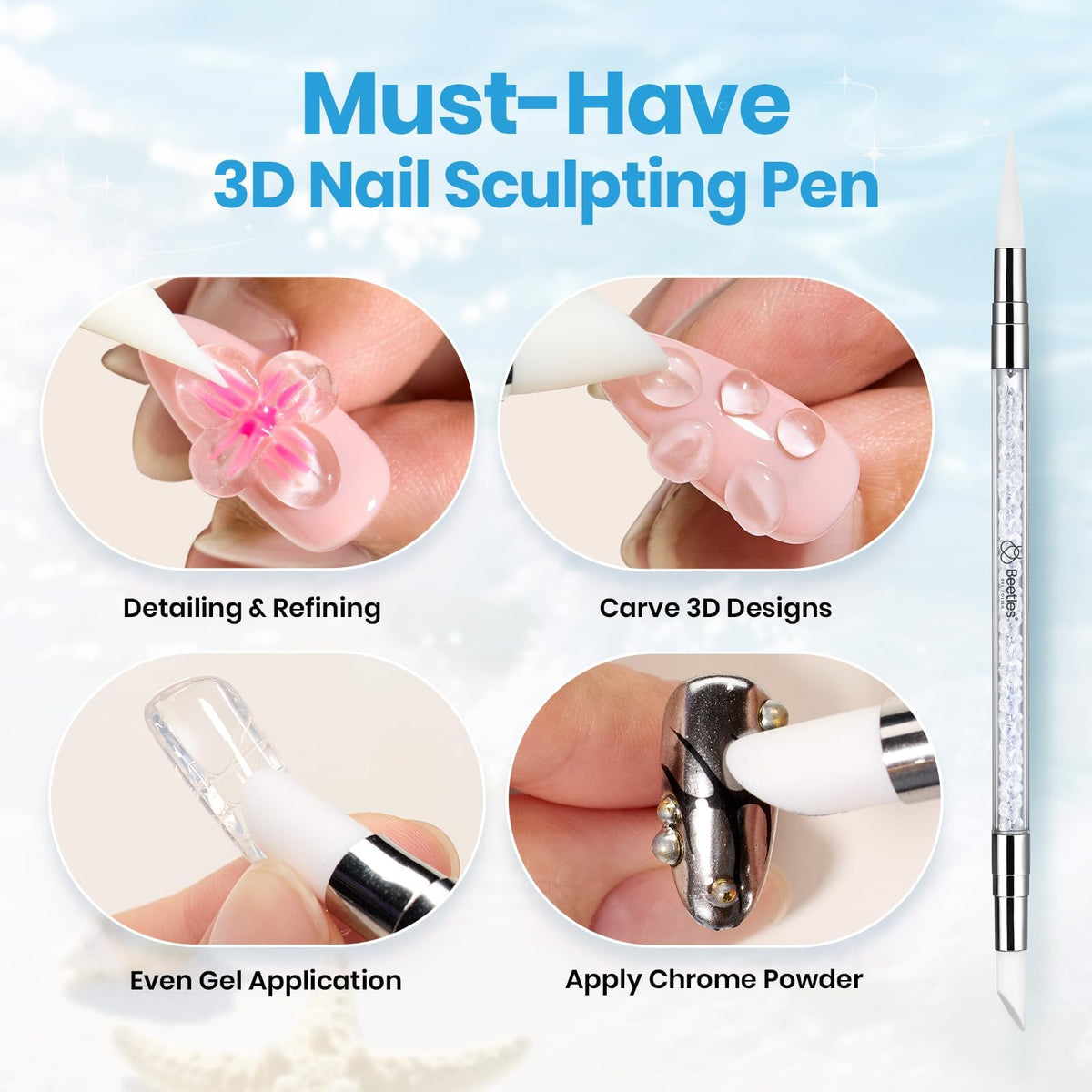 Beetles 3D Gel Nail Art & 3D Mold 1.06 oz Pearl White with Sculpting Pen