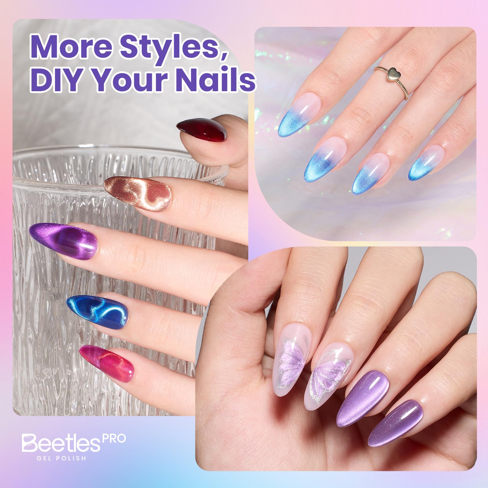 Beetles Gel Nail Starter Kit Illusion Glow Cat Eye Summer Nails 96Pcs 20 Colors With UV Light All-in-One Mani Kit
