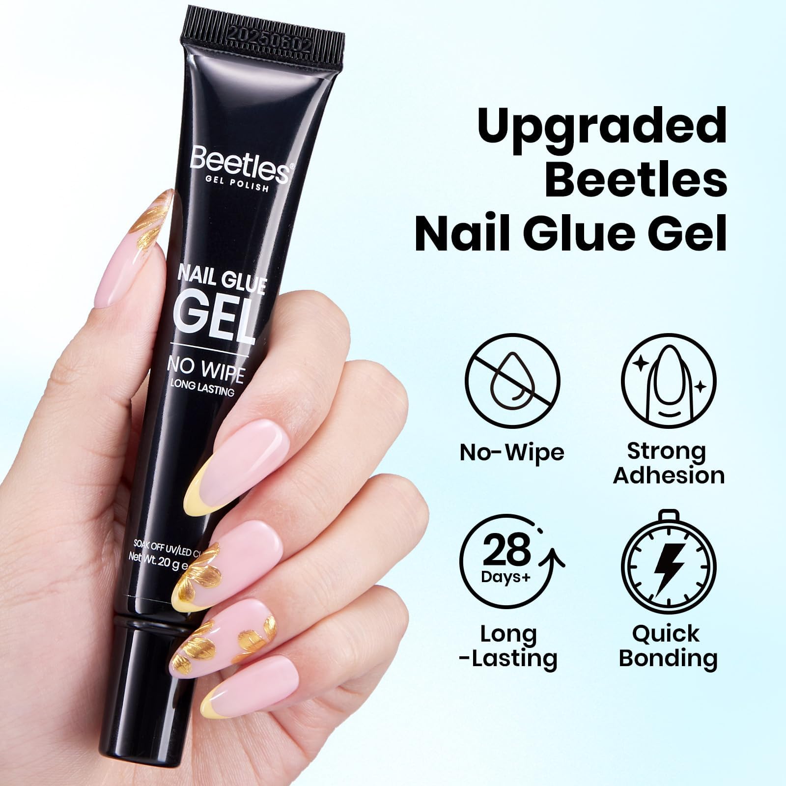 Beetles 2Pcs 20g Nail Glue Gel, No Wipe, Hands-Free Tipex Solid Nail Glue Gel