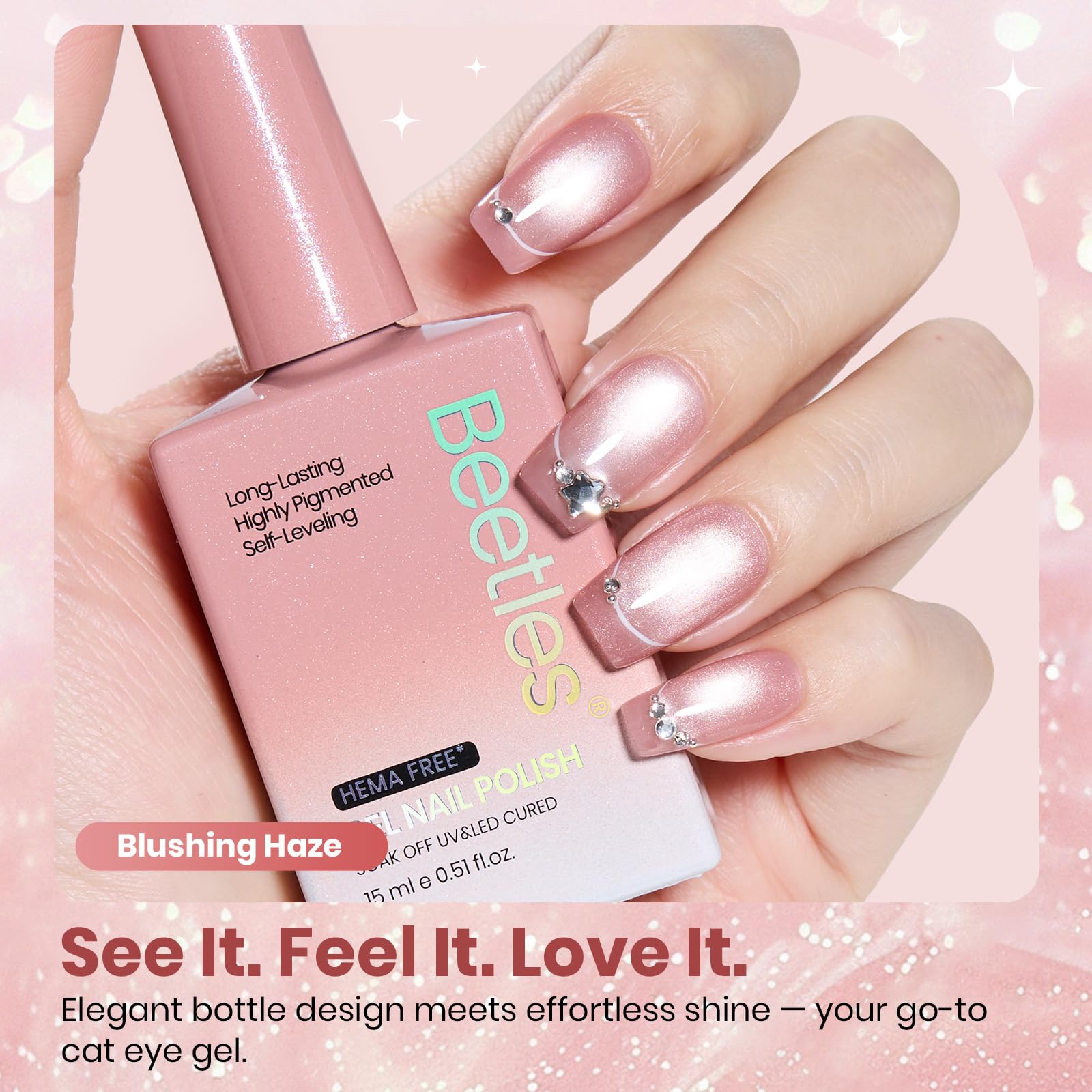Beetles Blushing Haze Pink Cat Eye Gel Nail Polish 15ML Glitter Gel Polish Magnetic Translucent Glassy Effect