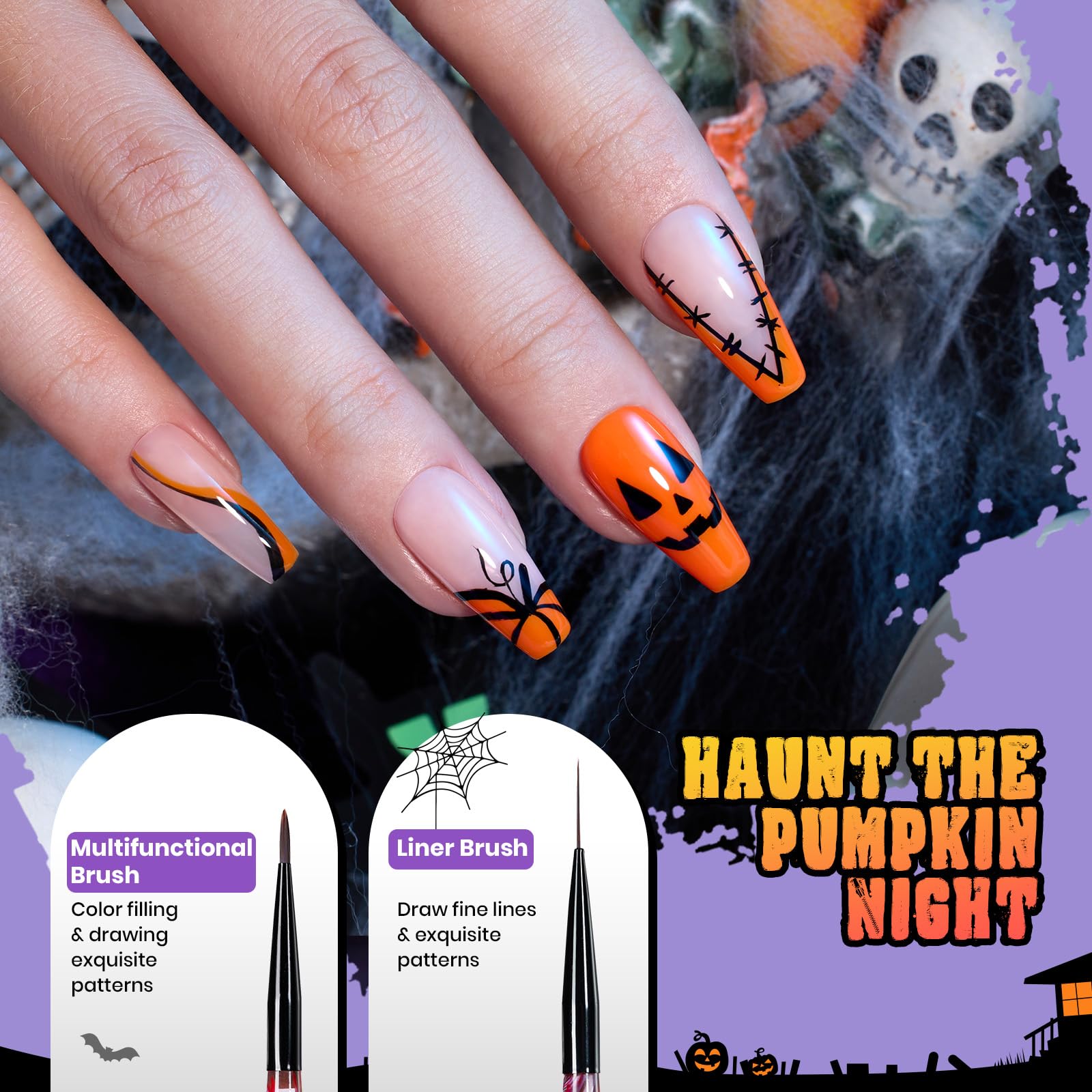 Halloween Nail Art Brushes - 6pcs Nail Art Pens with Pumpkin Palette Holder Halloween Charms