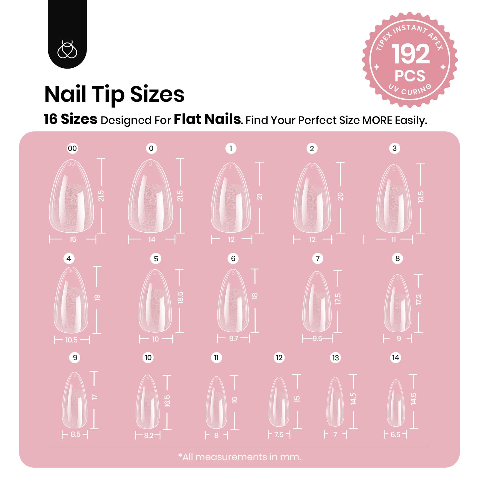 Beetles Tipex Instant Apex Nail Tips - 16 Sizes 192 Pieces Almond Short-Pre-Building
