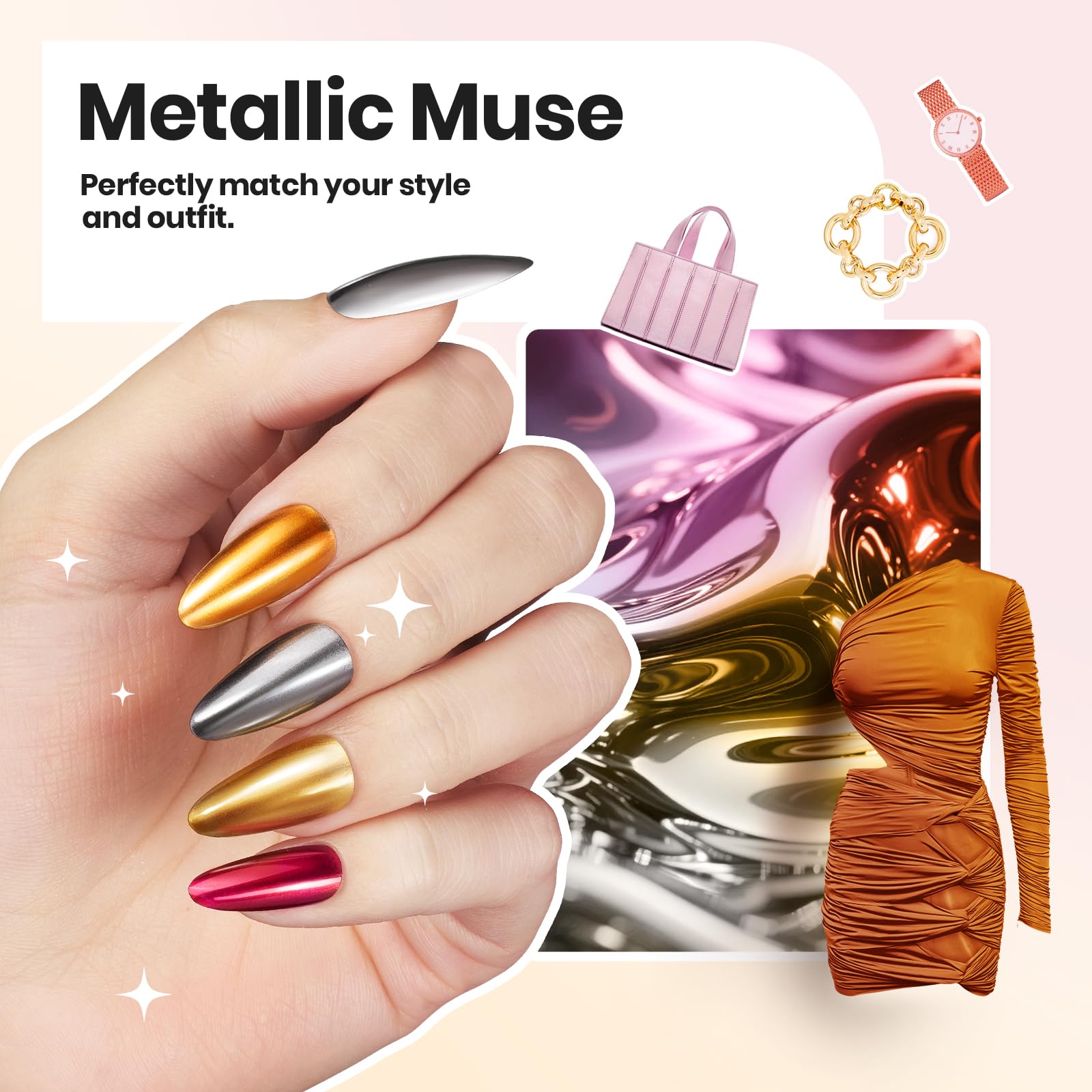 Beetles Mirror Nail Polish Set – Metallic Muse 6 Colors Quick-Drying & High Gloss Nail