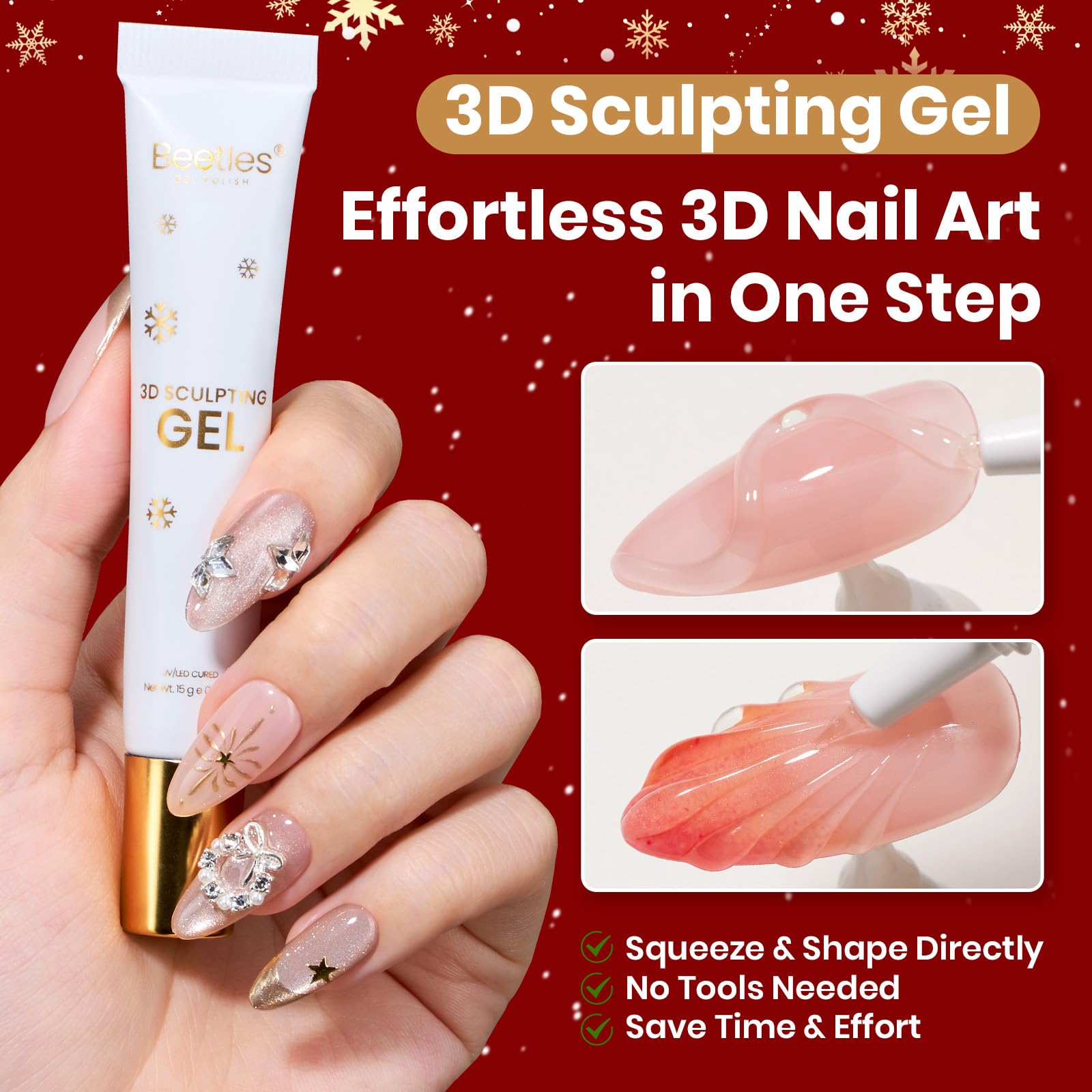 Beetles Christmas Rhinestones Glue Kit - 15ml Nail Rhinestone Glue and 3D Sculpting Gel