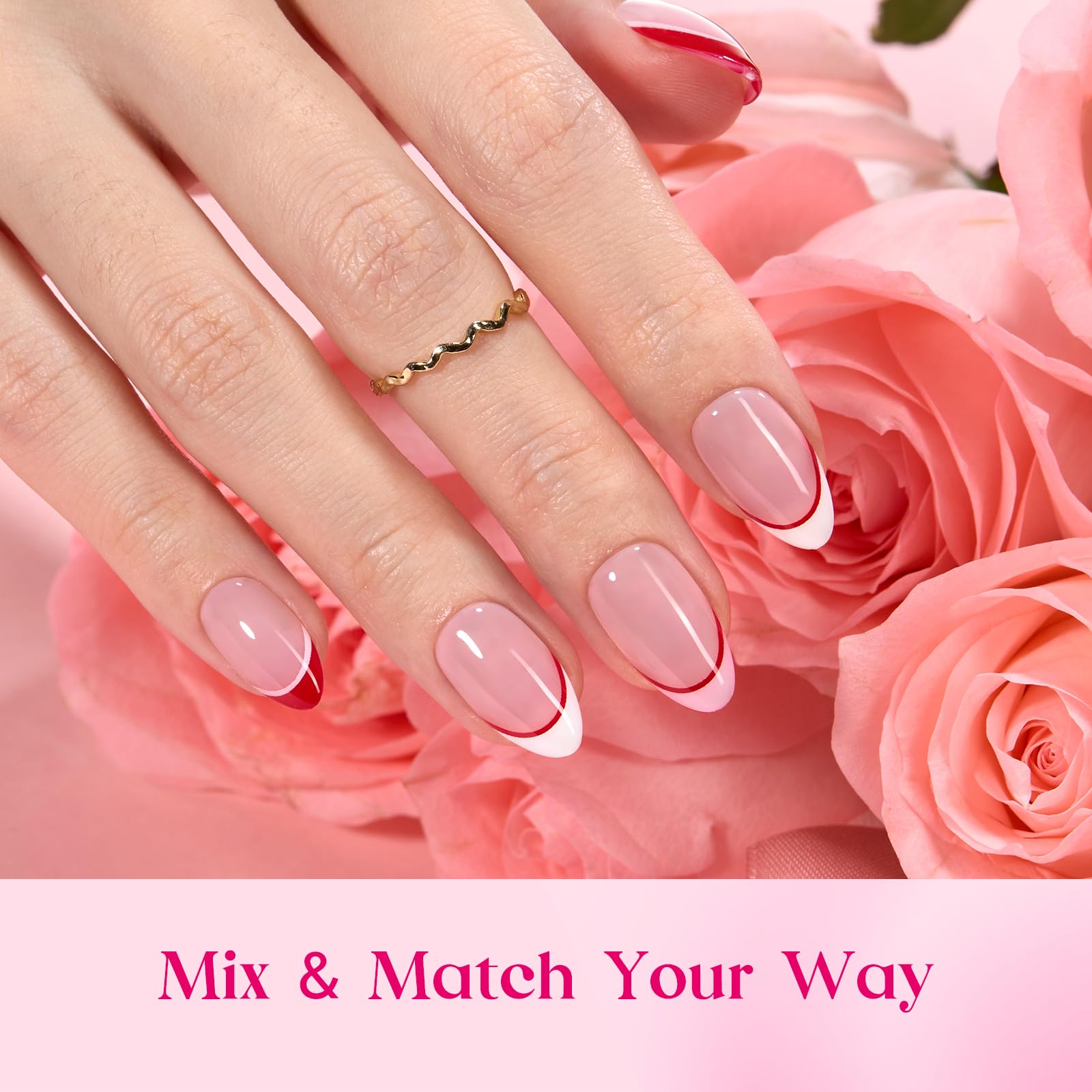 Beetles Valentine Nails Press Romantic Dream - 192 Pcs 16 Sizes 3 Colors Short Almond French Tip Press On Nails