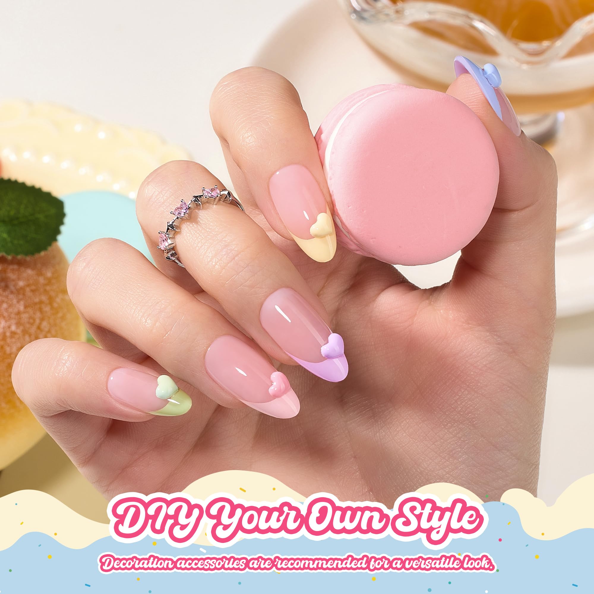 Beetles French Tips Press On Nails, Pastel Spring Nails Medium Almond 6 Colors 192 Pcs, Spring Fake Nail Tips