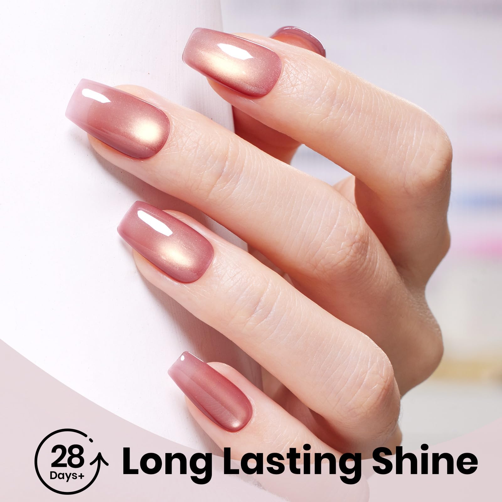 Sunlit Champagne  - 15ML Peach Pink Glass Cat Eye with Gold Powder Magnetic Glitter Gel Polish