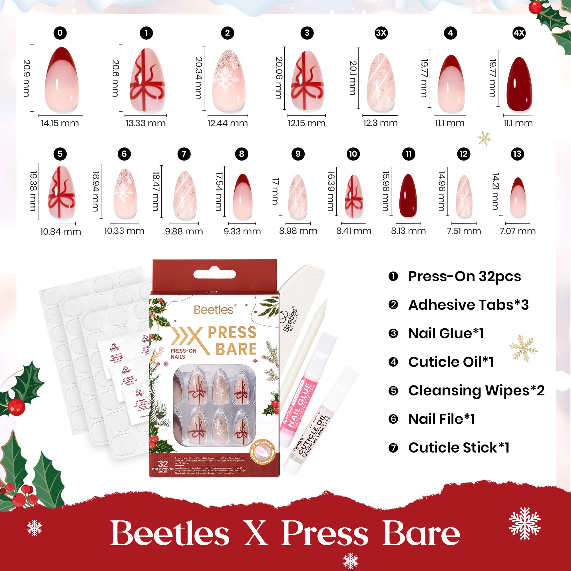 Beetles Christmas Press On Nails - Christmas Bow - 32Pcs 16 Sizes Natural Salon Quality Red French Nail Tip