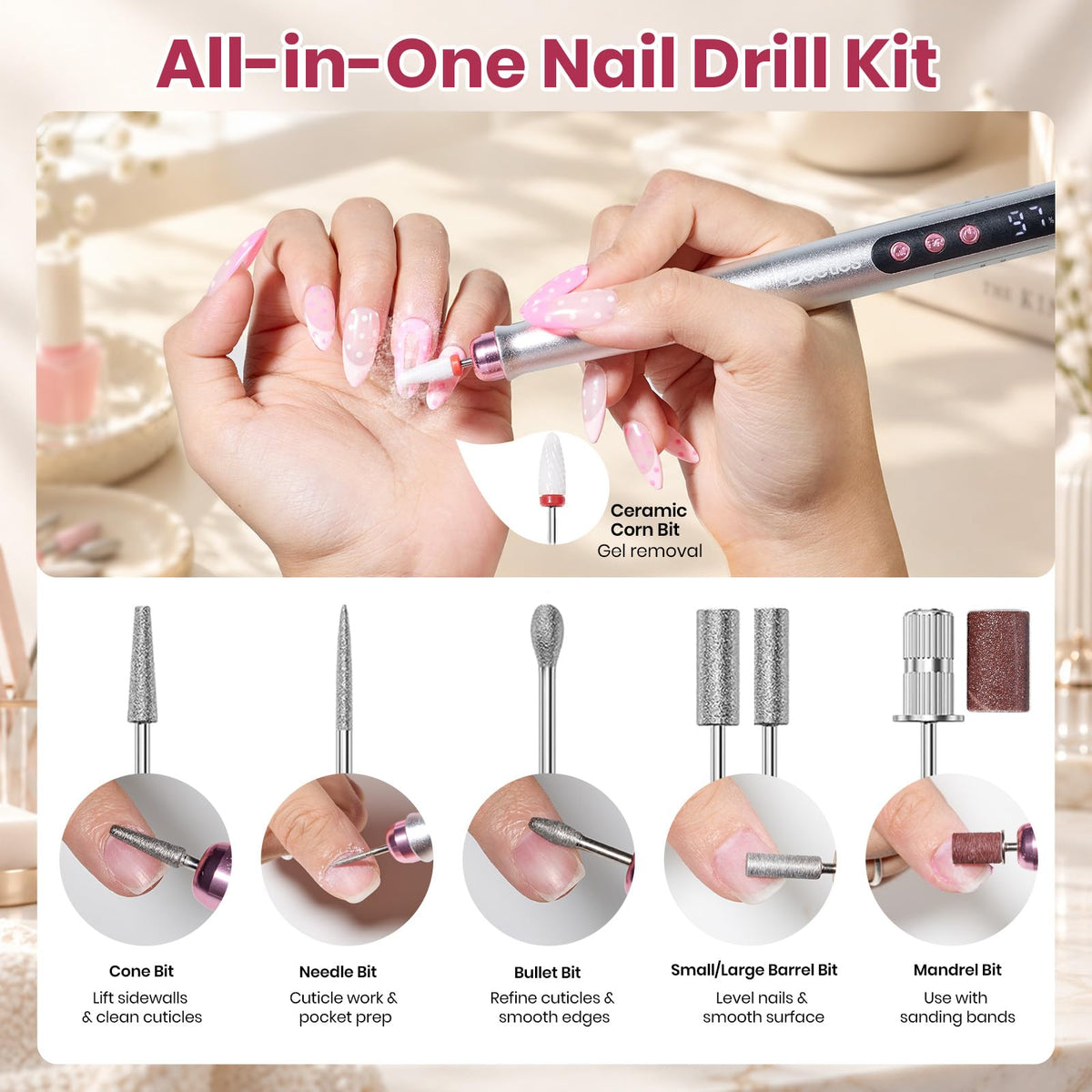 Beetles Nail Drill-Cordless 7 Bits Electric Nail File