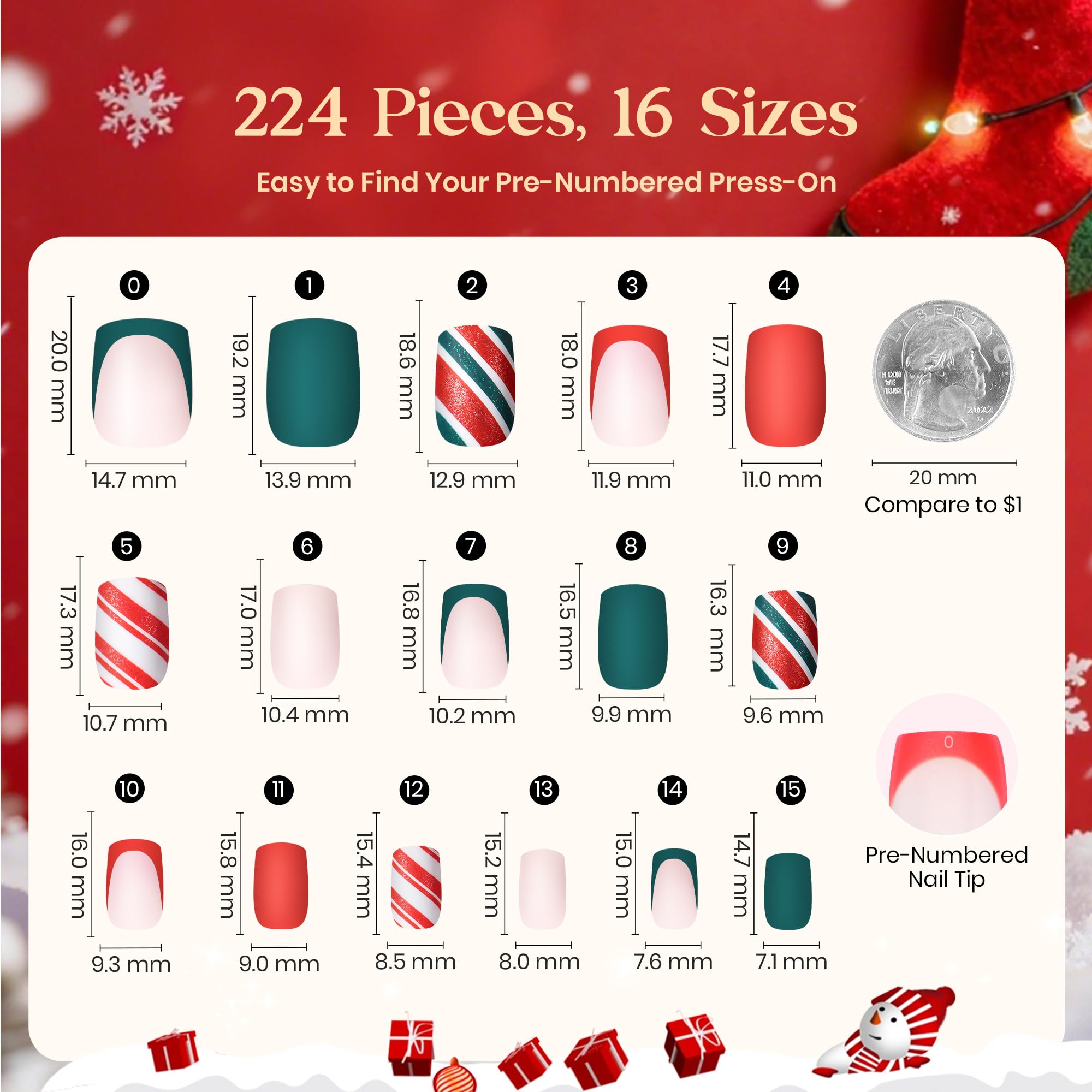 Beetles X Press Plus Gel Nails Kit Christmas Glitz - 7 Desgin Christmas Press On Nails Short Square 224Pcs 16 Sizes