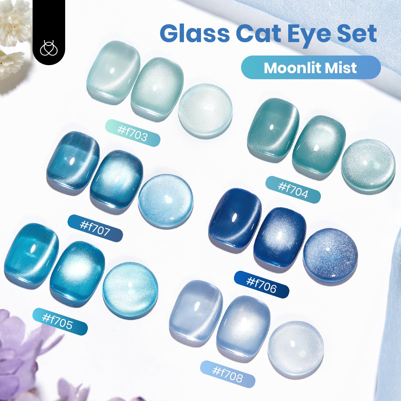 Moonlit Mist - Blue Glitter Glass Cat Eye  6 Colors Gel Polish Set
